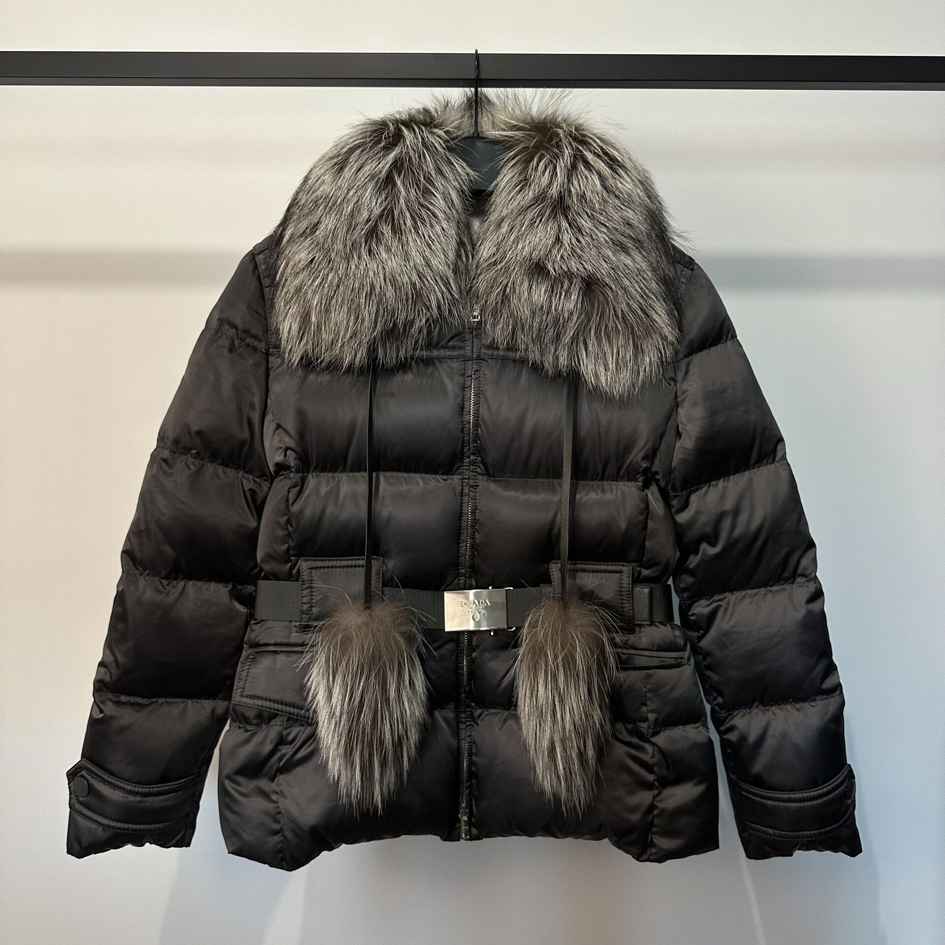 prada fur-collar belted down jacket size 42