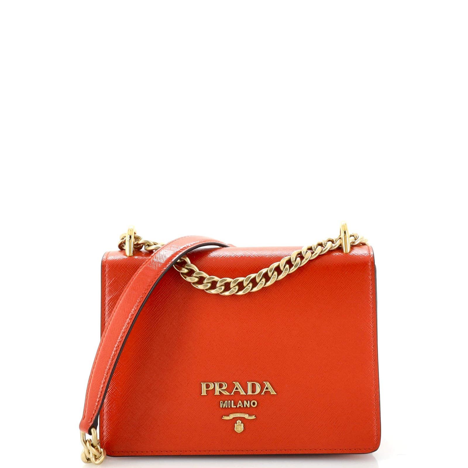 image of Prada Chain Flap Crossbody Bag Vernice Saffiano Leather Small in Orange, Women's