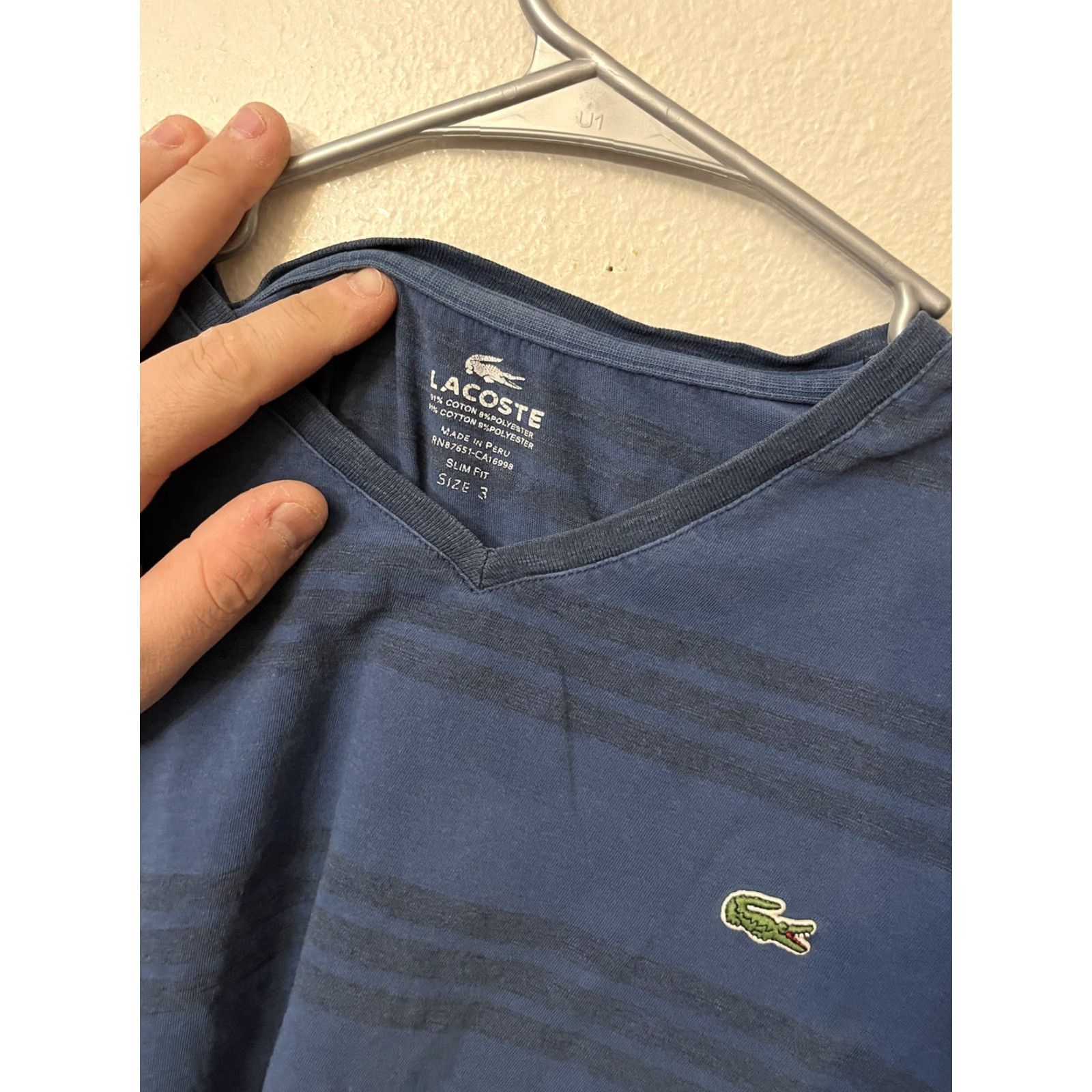 Lacoste Lacoste Men's Regular Fit Striped V-Neck T-Shirt Size 3 Blue Size US S / EU 44-46 / 1 - 2 Thumbnail