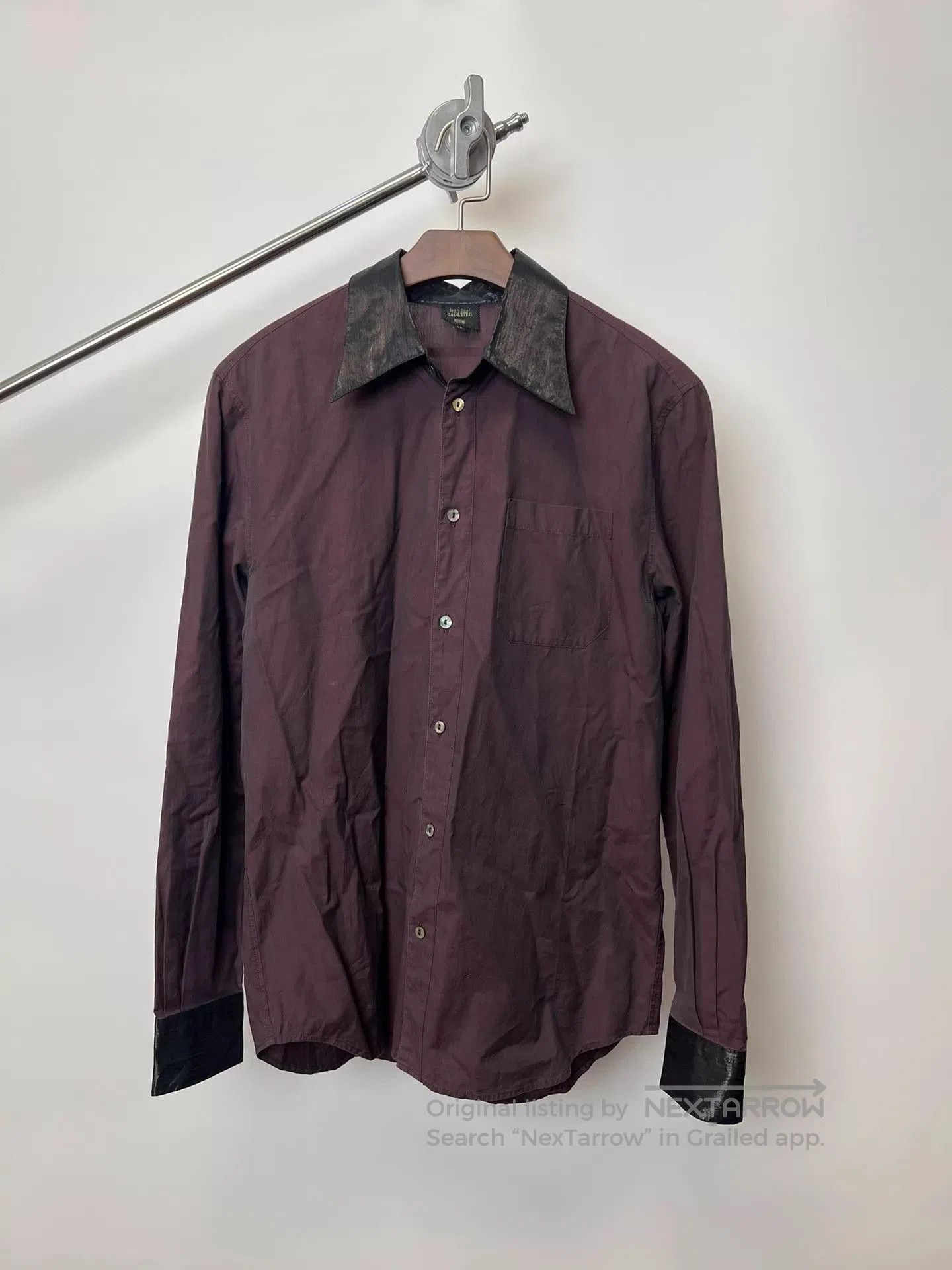 Jean Paul Gaultier Red Button-Up Shirt with Leather Collar and Cuffs. Size US M / EU 48-50 / 2 - 1 Thumbnail
