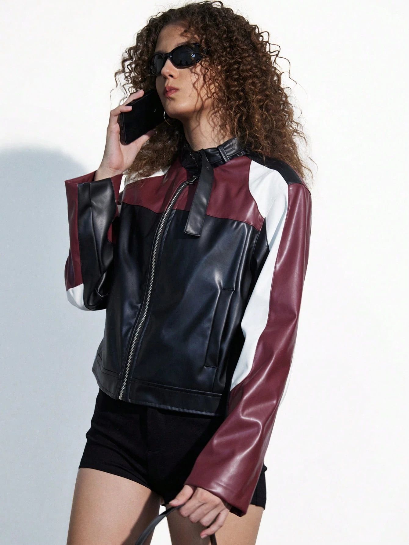 Other ✨Women’s Burgundy Black Biker Leather Jacket✨ Size L / US 10 / IT 46 - 7 Thumbnail