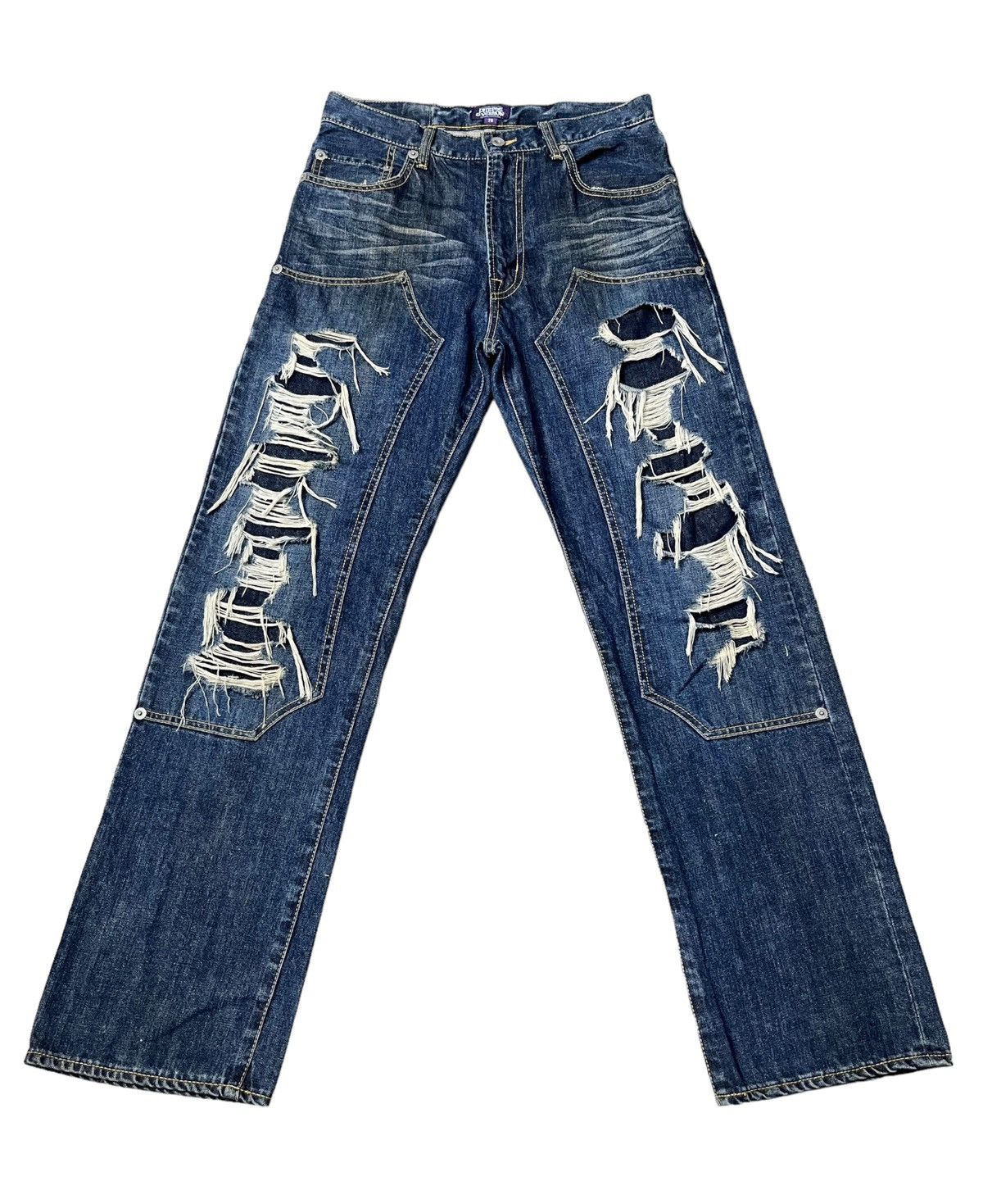 Japanese Brand FYE🔥PURPLE & YELLOW Vintage Ripped Double Knee Buckle Back Size US 29 - 1 Thumbnail