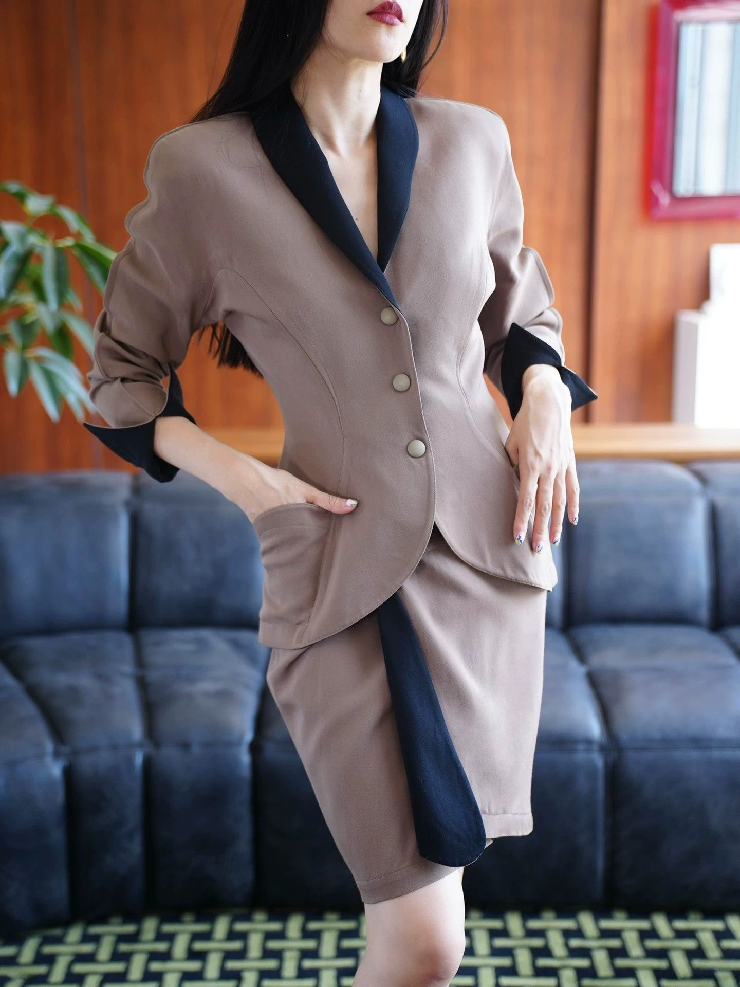 Other ThierryMugler Vtg Colorblock Khaki-Black Suit Skirt FR40 Size M / US 6-8 / IT 42-44 - 4 Thumbnail