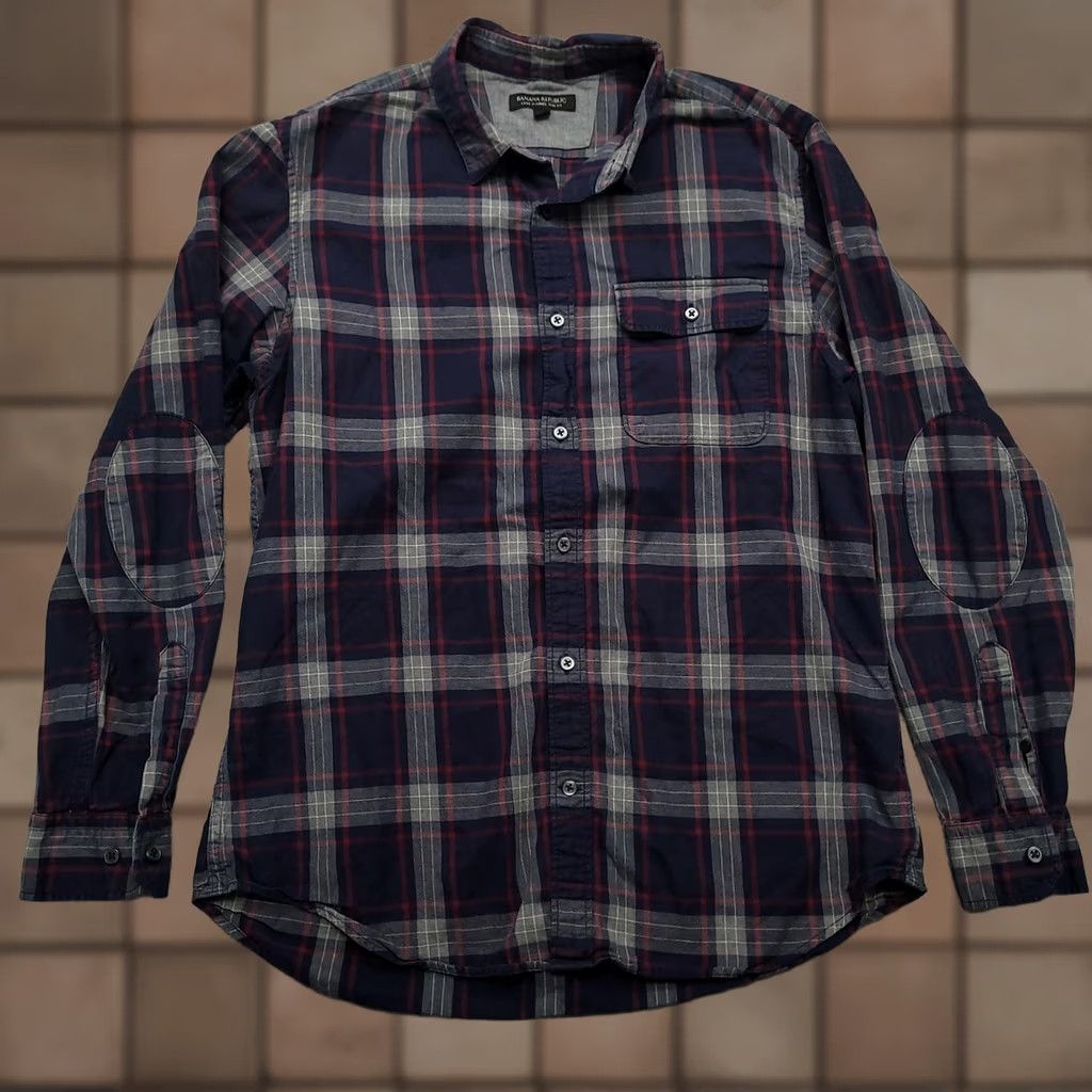 Banana Republic Banana Republic Shirt Mens Large Blue Plaid Luxe Flannel Slim Fit Elbow Patch Size US L / EU 52-54 / 3 - 1 Thumbnail