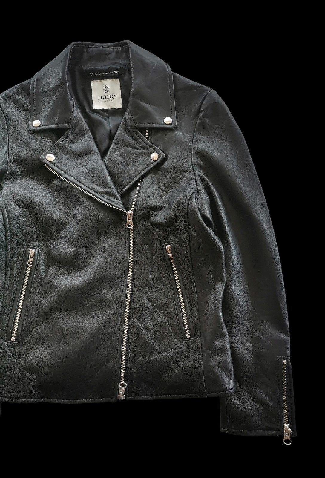 NANO universe Black Leather Biker Jackets Size XS / US 0-2 / IT 36-38 - 2 Thumbnail