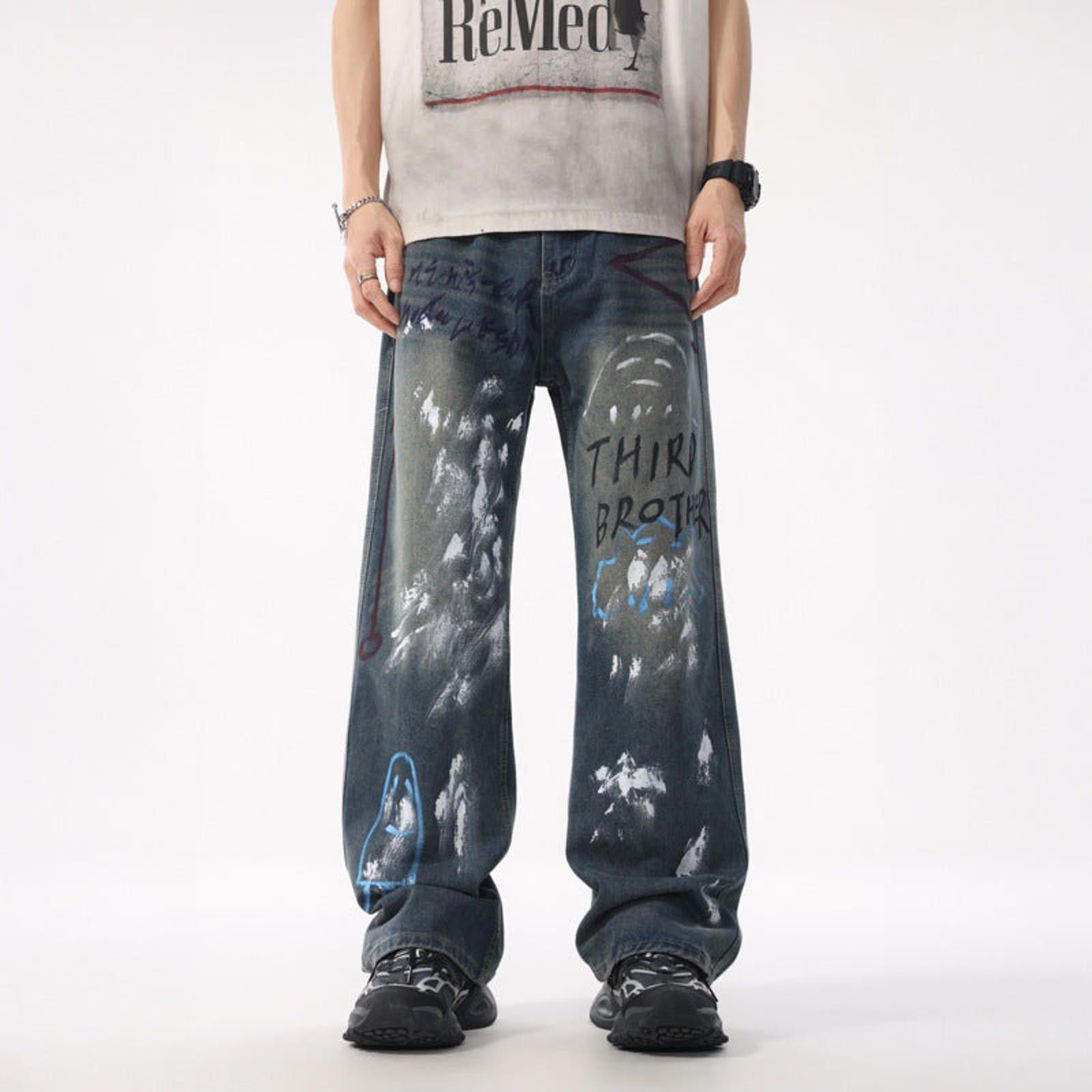 Jean Blue Relaxed Fit Painted Effect Denim Jeans Size US 30 / EU 46 - 2 Thumbnail