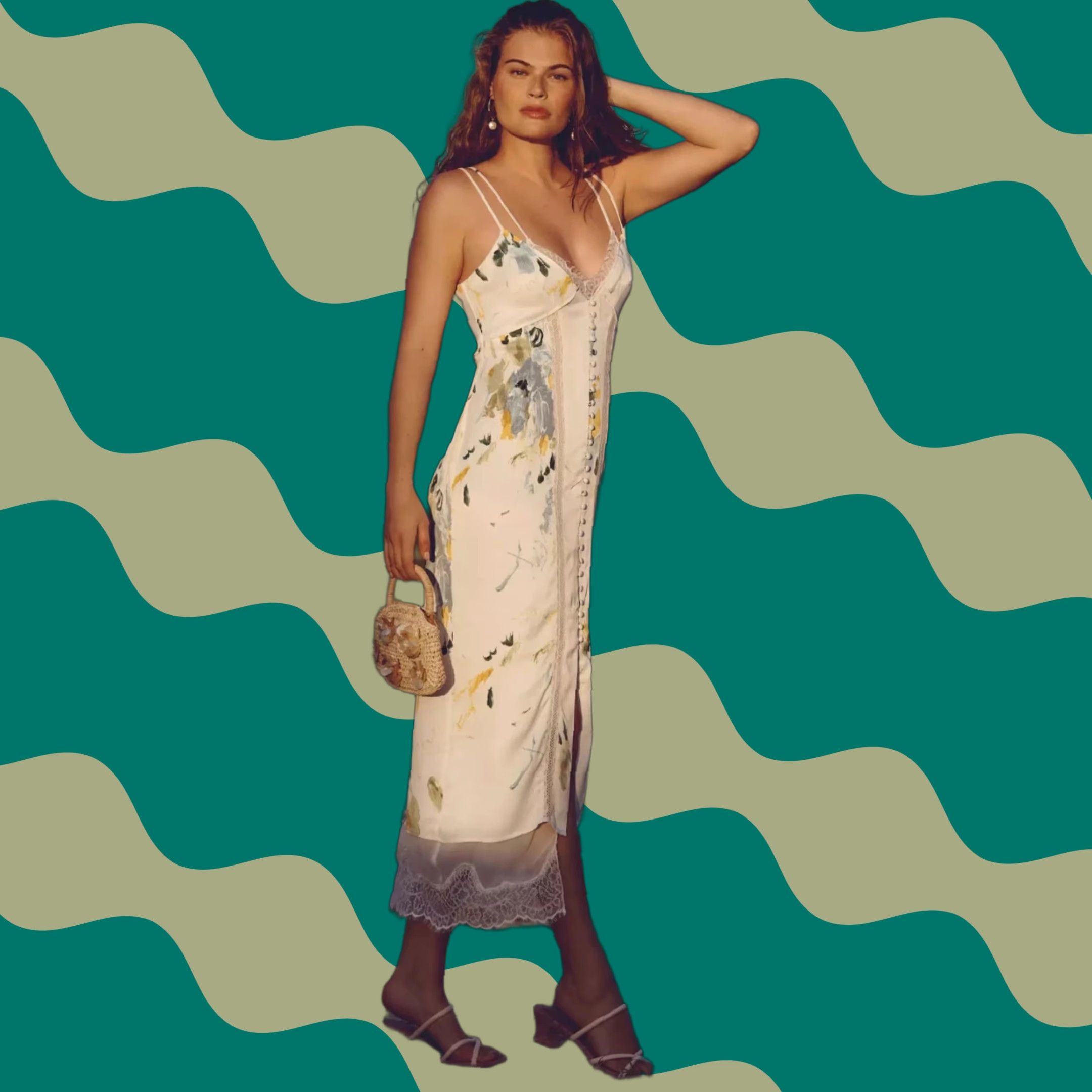 floral green v neck midi erin dress The Vivy Floral Tiered Midi Dress in Kelly Green + Pink X-Large main image 1