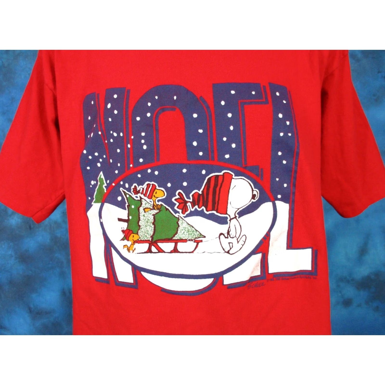 Vintage VINTAGE 80s PEANUTS SNOOPY WOODSTOCK NOEL XMAS CARTOON T-Shirt Red Mens Medium soft thin Size US M / EU 48-50 / 2 - 3 Thumbnail