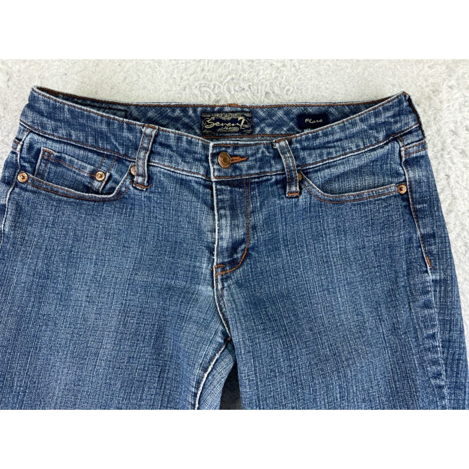 Vintage Seven7 Blue Denim Jeans Women 29 Flared Low Rise 29x31 Cotton Blend Regular Fit Size 29" - 4 Thumbnail