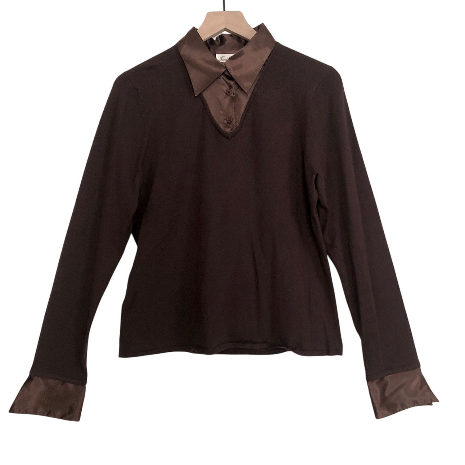 Other Fred David Brown Button Collar Satin Knit Sweater Blouse Top Size L / US 10 / IT 46 - 1 Thumbnail