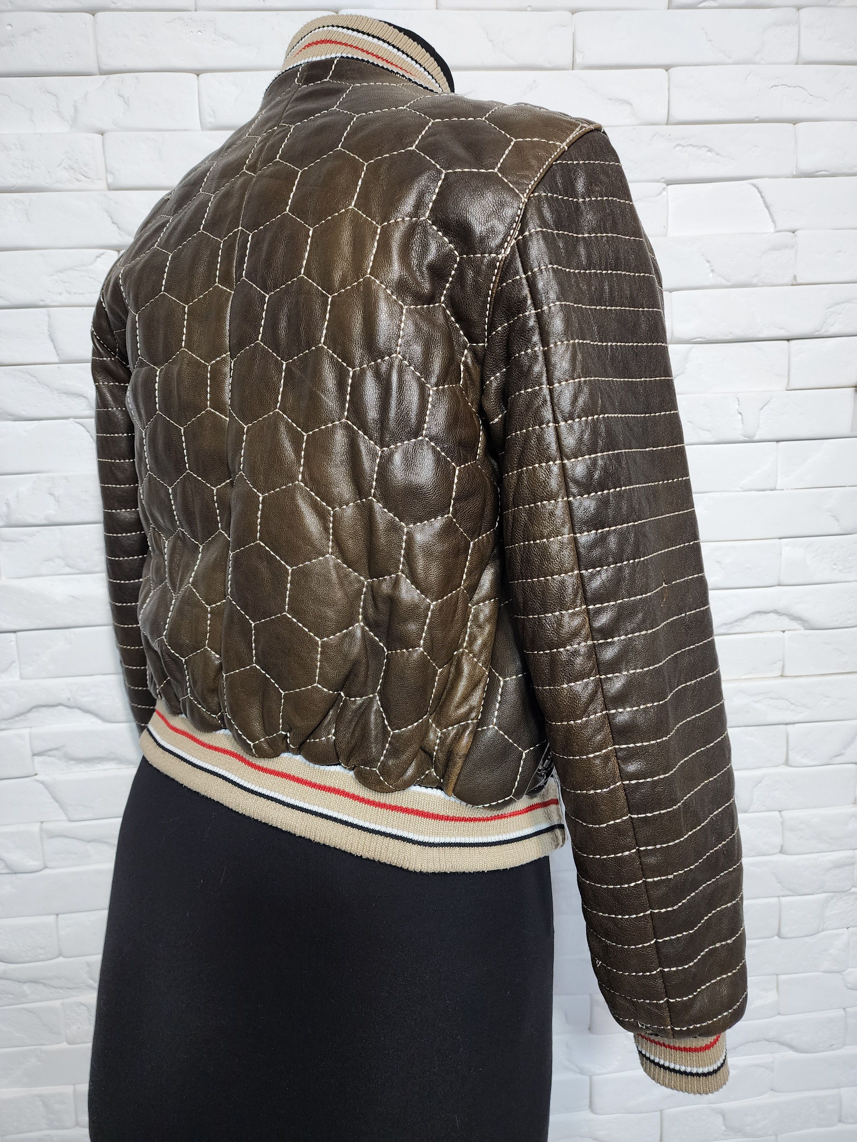 Uniqlo Brown Leather Jacket: Women's Zip-Up Bomber with Knit Trim Size XS / US 0-2 / IT 36-38 - 6 Thumbnail
