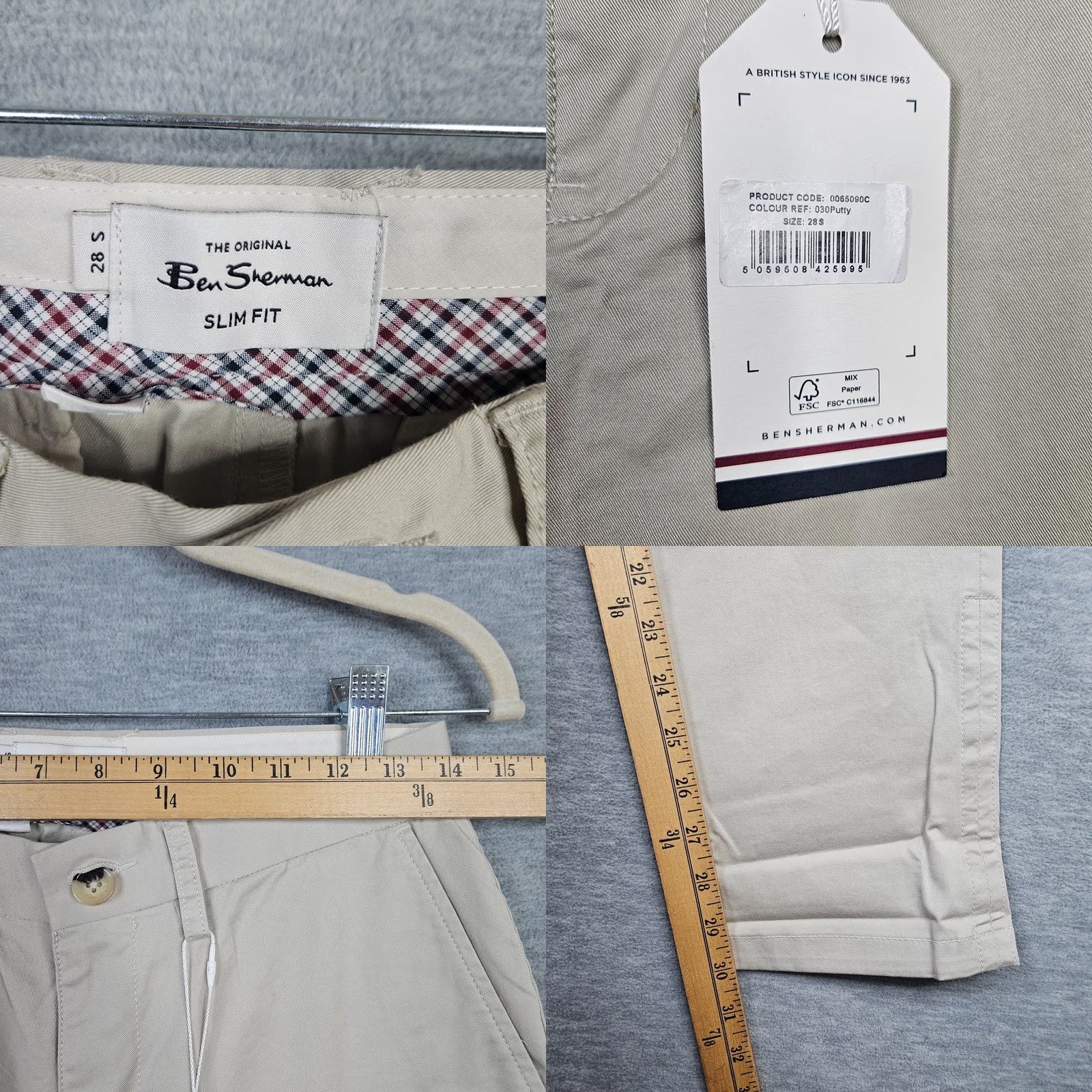 Ben Sherman Ben Sherman Men's The Original Stretch Slim Chino Pants 28S Beige Slim Straight 28 in Inseam 30 New Size US 28 / EU 44 - 8 Thumbnail