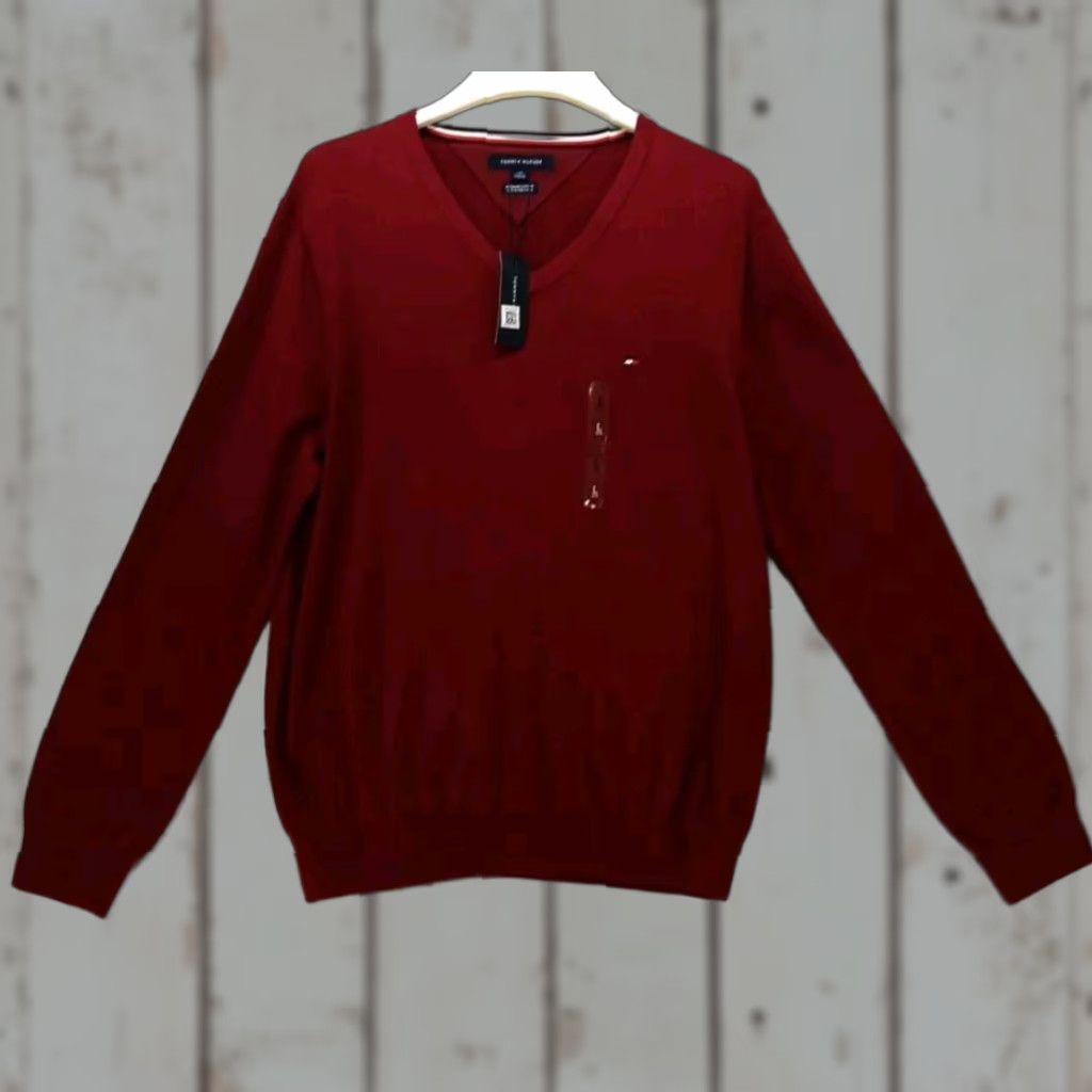 Tommy Hilfiger V-Neck Pullover Sweater NWT Tommy Hilfiger Men's Large Maroon Logo Long Sleeves Size US L / EU 52-54 / 3 - 1 Thumbnail