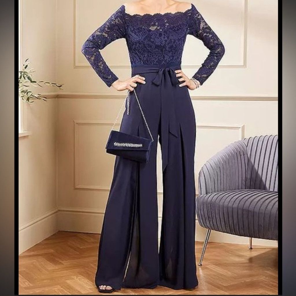 Other Wedding Guest Mother of bride Navy Lace Bardo Top Jumpsuit L Size 30" / US 8 / IT 44 - 1 Thumbnail