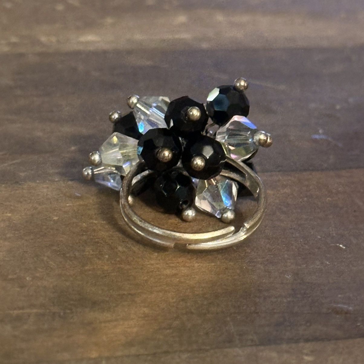 Vintage Vintage silver tone black and AB cluster glass bead ring Size ONE SIZE - 7 Thumbnail