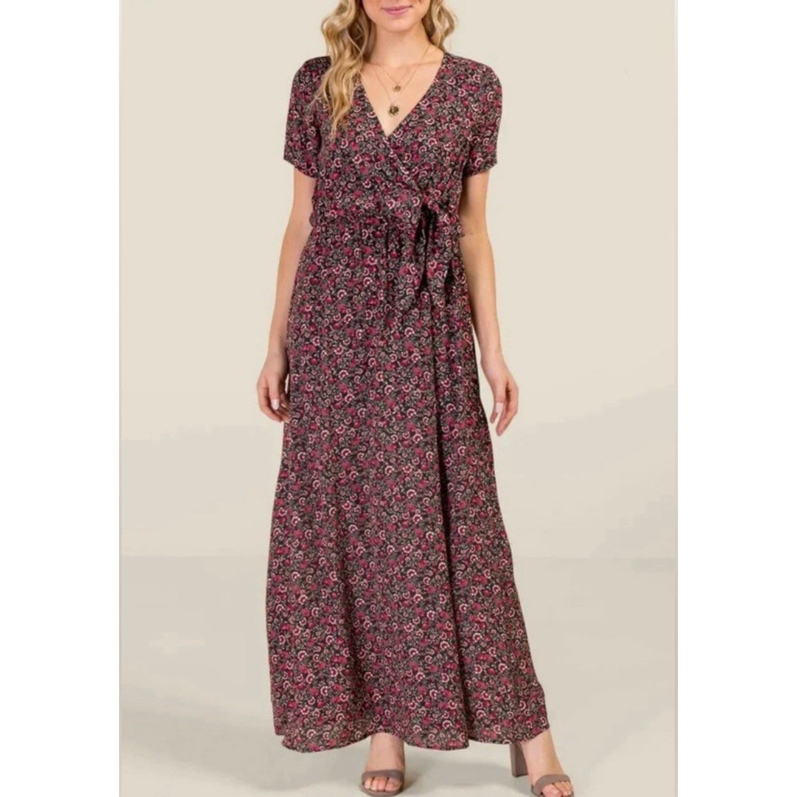 Other Miami Black Floral Print Faux Wrap Tie Maxi Dress Womens XS Size XS / US 0-2 / IT 36-38 - 2 Thumbnail