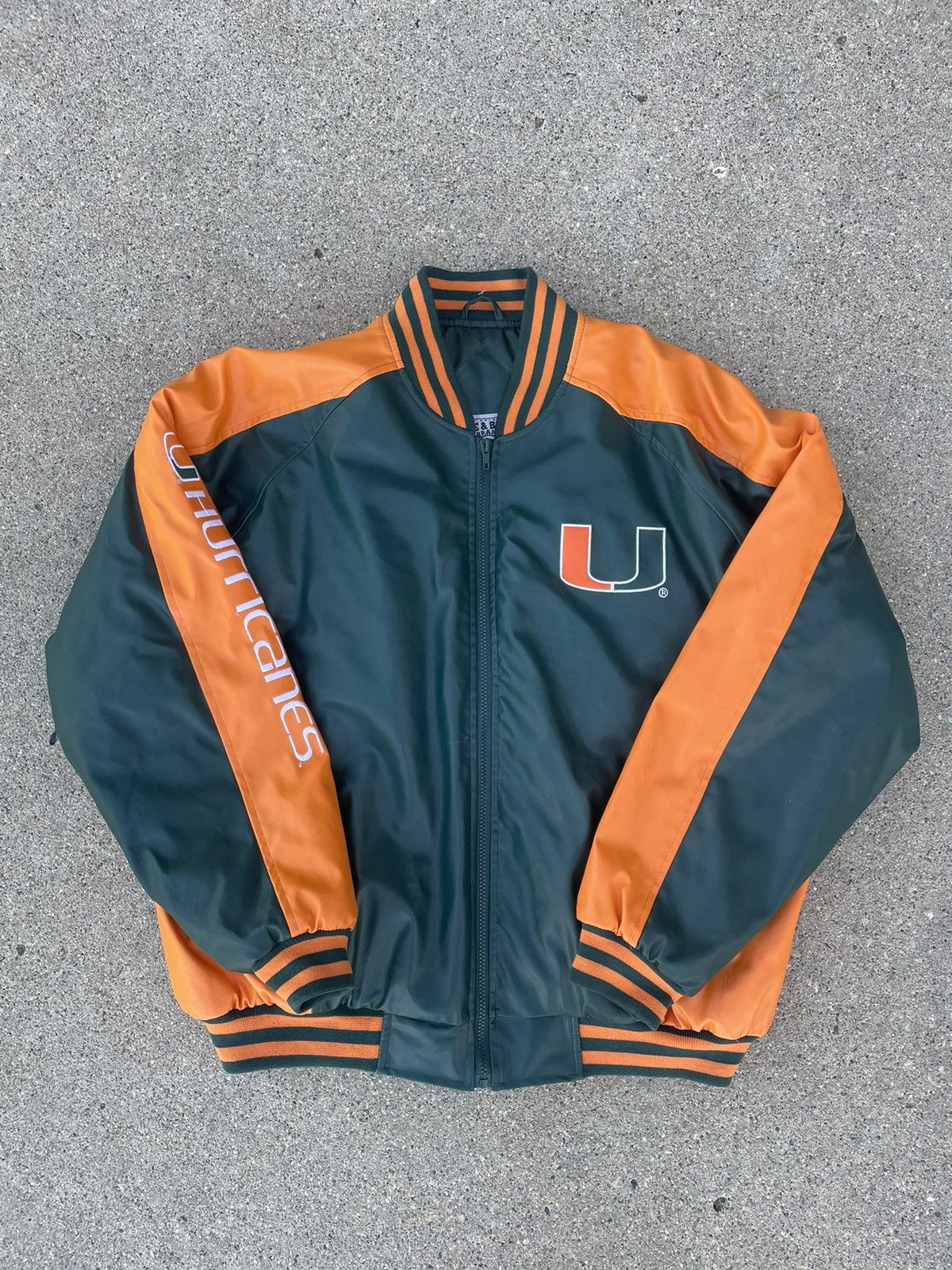 image of American College x Steve And Barrys Y2K Miami Hurricanes Leather Bomber Jacket in Green (Size XL)