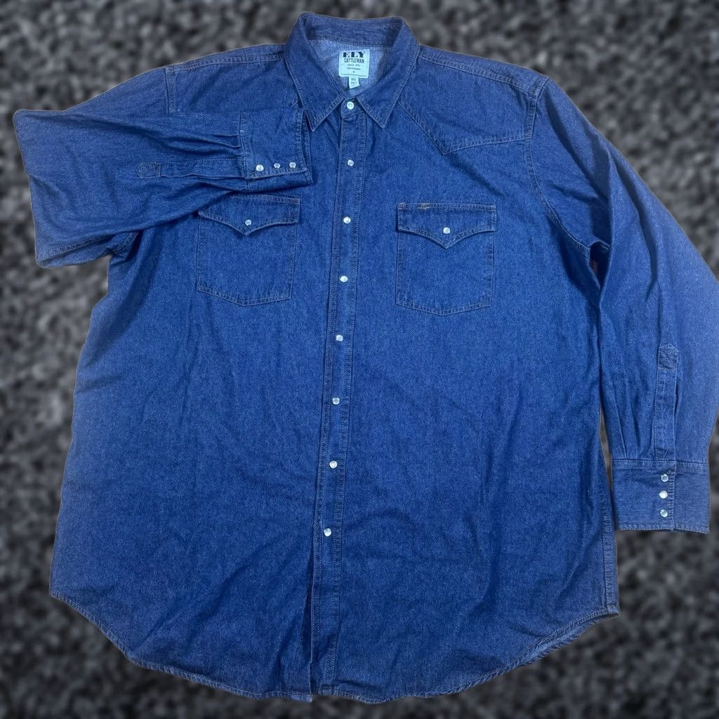 Vintage VINTAGE Ely Cattleman Shirt Denim Western Button-Up 2XLT Mes Mens Big & Tall Blue Pearl Snap Shirt Size US XXL / EU 58 / 5 - 1 Thumbnail