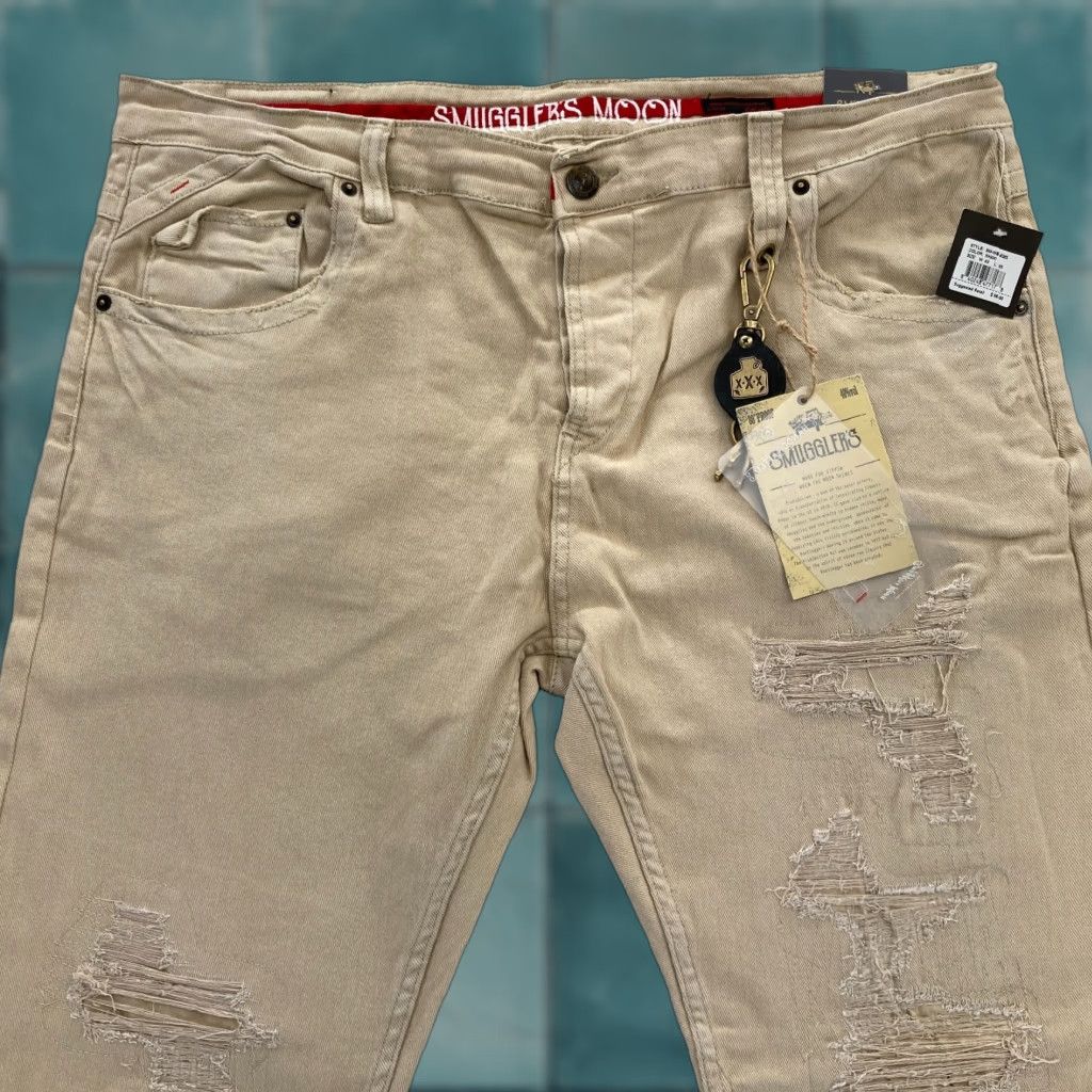 Denime Smugglers Moon Jeans Mens 42x33 Khaki Beige Denim Button Fly Roll Up Distressed Jeans Distressed Casual Slim 5-Pocket Denim Skull Logo Men Size US 42 / EU 58 - 1 Thumbnail