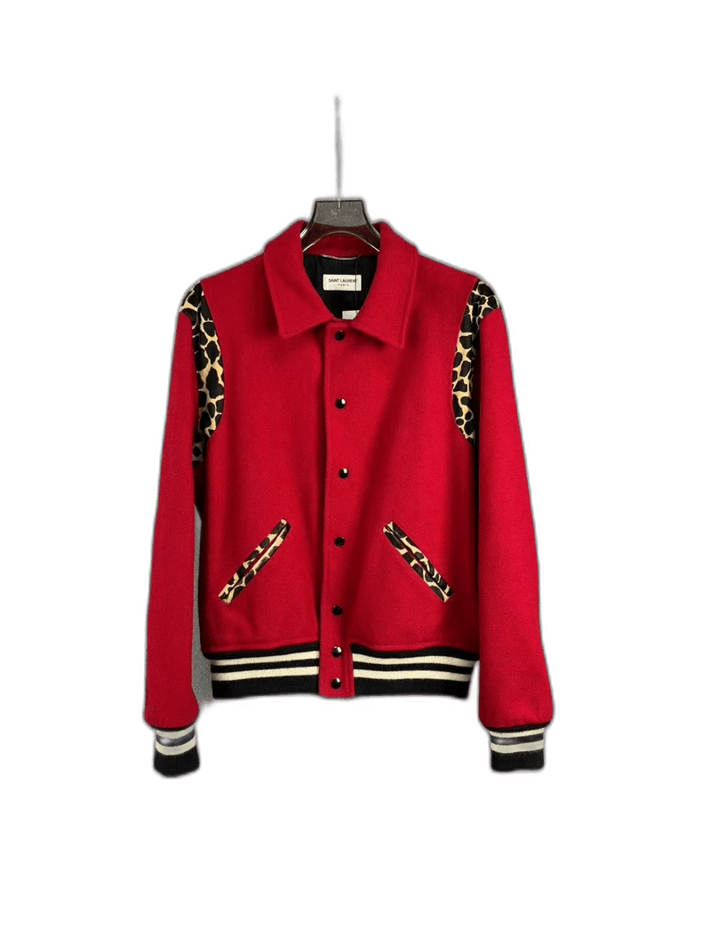 Saint Laurent Red Baseball Jacket with Leopard Print-2507
