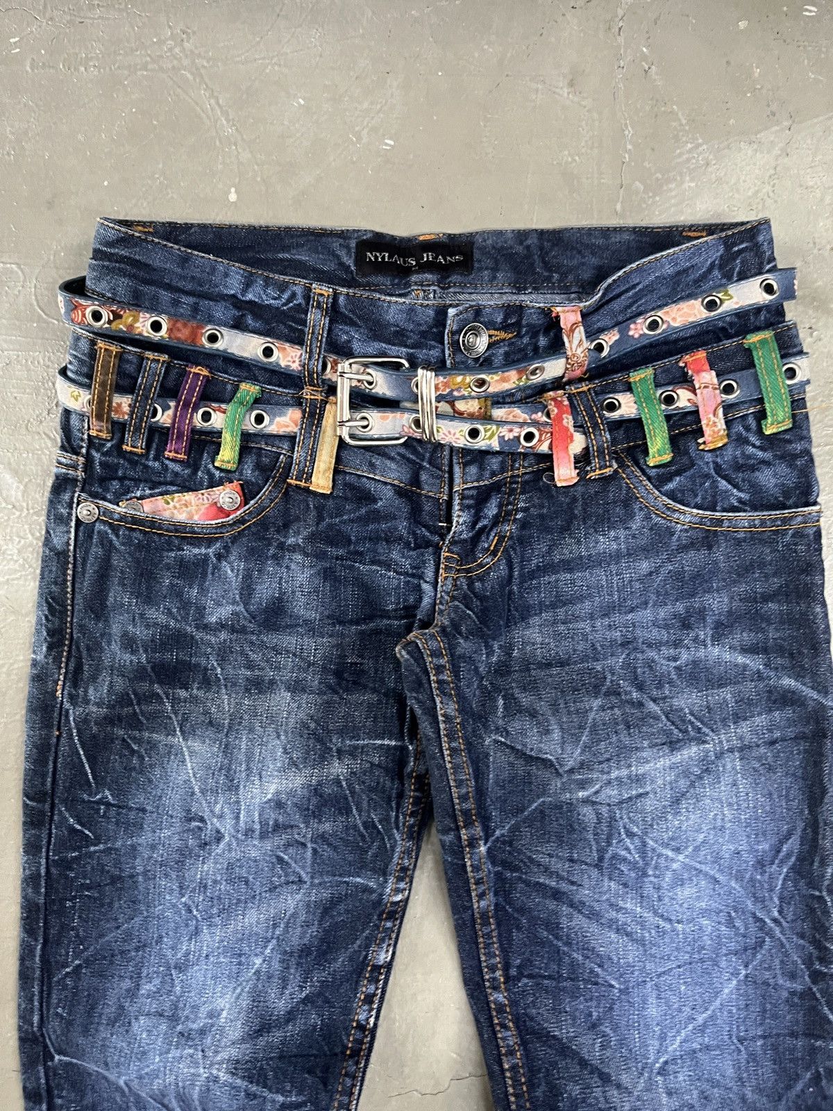 If Six Was Nine 2000s Nylaus Karakuri Double Waist Washed Denim Jeans Faded Size US 30 / EU 46 - 4 Thumbnail
