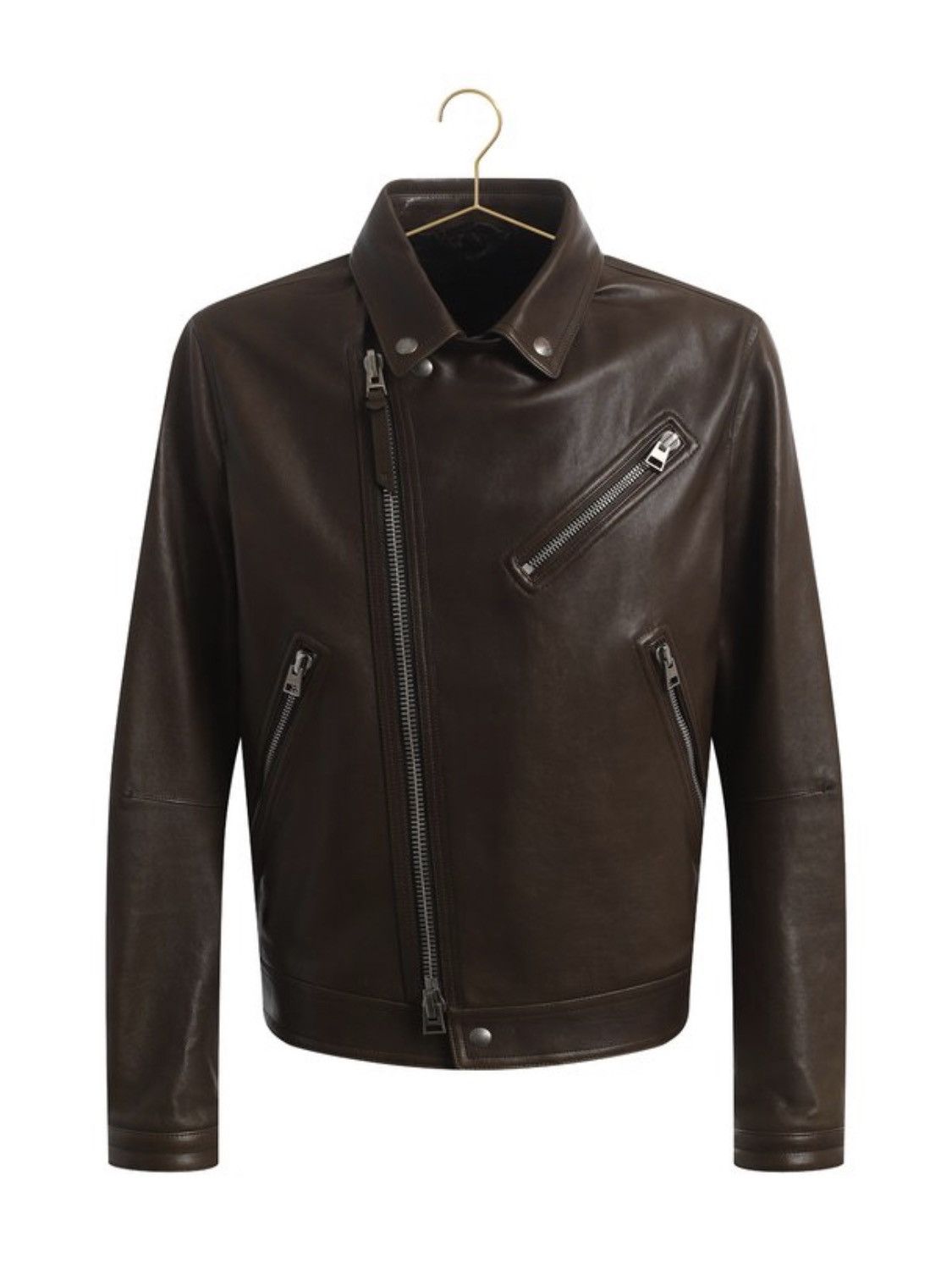 image of Tom Ford Leather Biker Zip Up Pocket Moto Jacket in Brown, Men's (Size 2XL)
