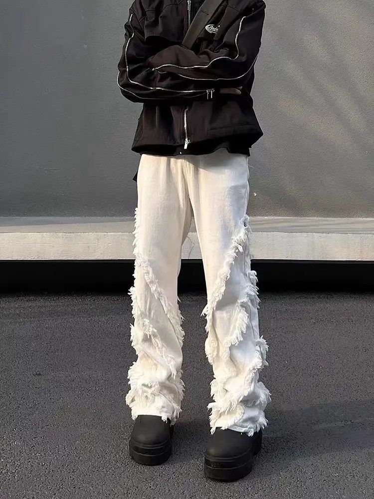 image of High Street Fringed Raw Edge Slightly Flared Jeans in White, Men's (Size 32)