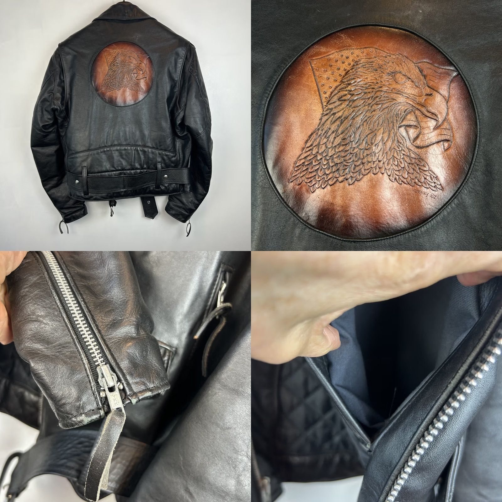 Vintage VINTAGE Leather Jacket Mens 46 Moto Black Eagle Unique Artwork Made USA Signed Jacket Size US S / EU 44-46 / 1 - 8 Thumbnail