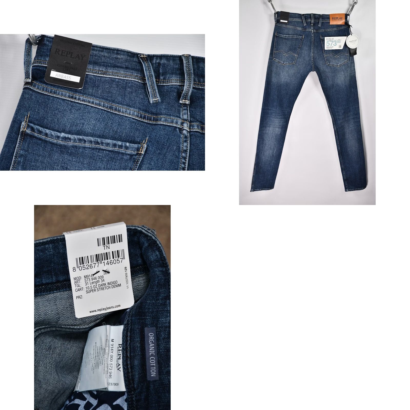 Replay REPLAY ANBASS M 914Y Jeans Slim Men W31/L34 Dark Indigo Denim Stretch 98% Cotton 1% Elastane Regular Inseam 34" Blue NWT Size US 31 - 8 Thumbnail