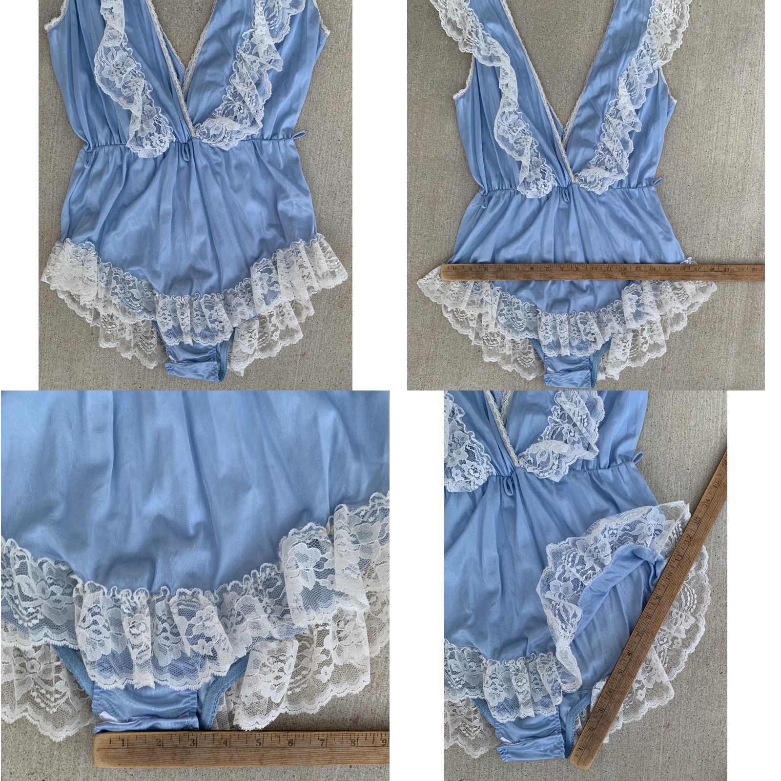 Vintage VINTAGE Flair Nylon Teddy One Piece Playsuit Romper Lace Ruffle Union Made Sz M Blue 1980s Glam Rock Flair Mens Womens Girls Boys Size 32" / US 10 / IT 46 - 11 Thumbnail