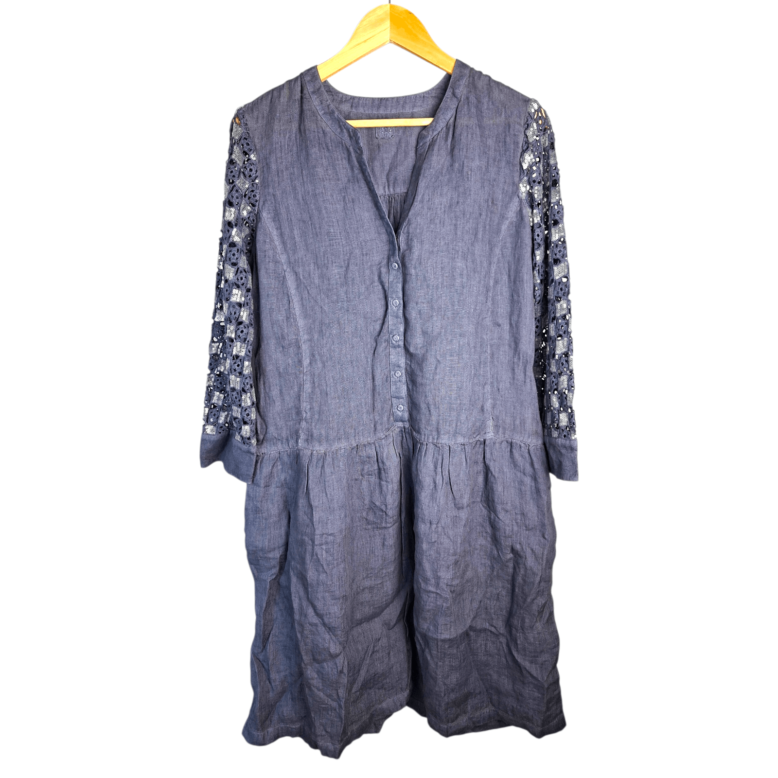120% Lino 120% Lino Blue Linen Sequin Crochet Sleeve Shift Dress Size M / US 6-8 / IT 42-44 - 1 Thumbnail