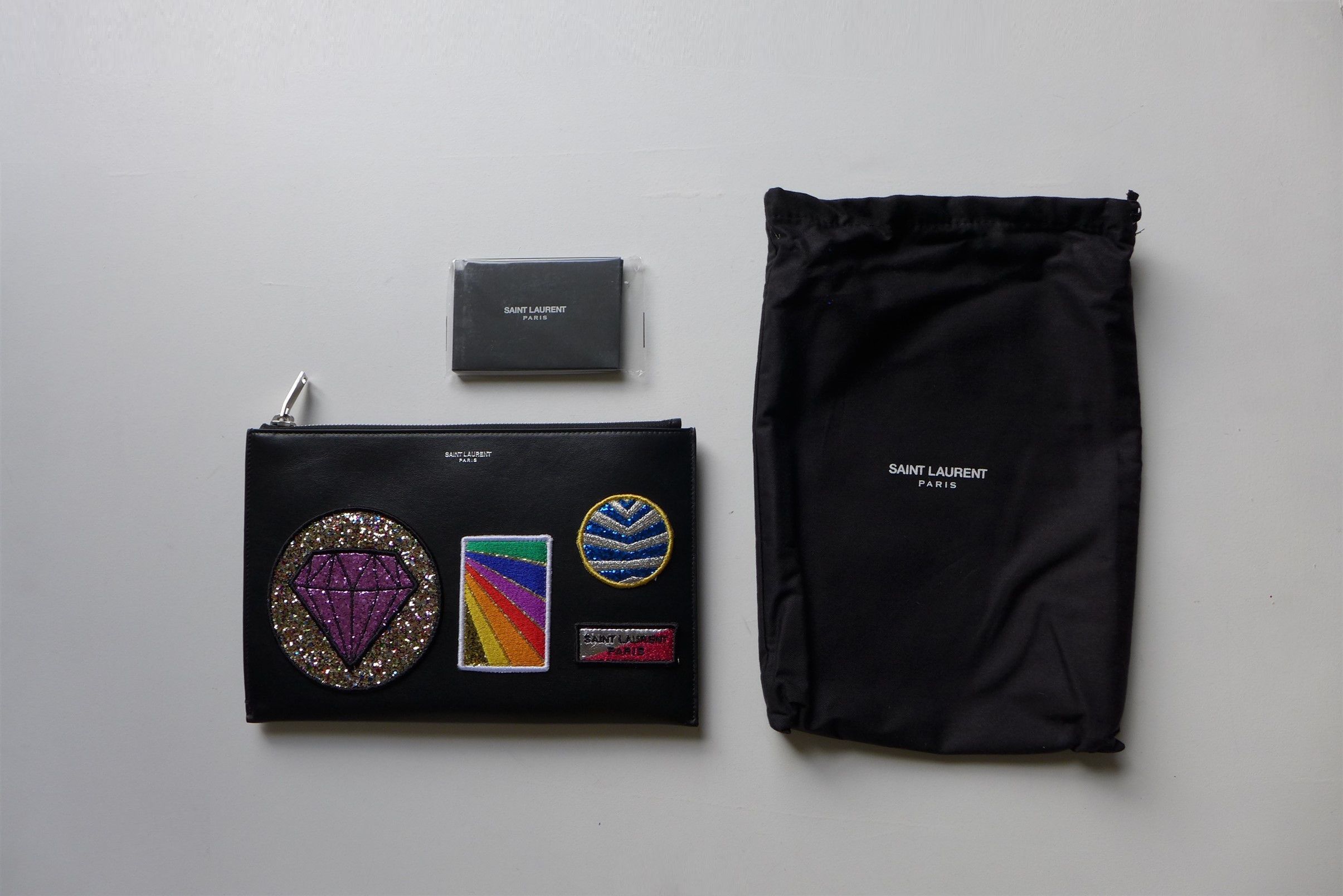 Saint Laurent Paris Saint Laurent Multi Patch Zip Pouch - Black Calf Leather Size ONE SIZE - 2 Thumbnail