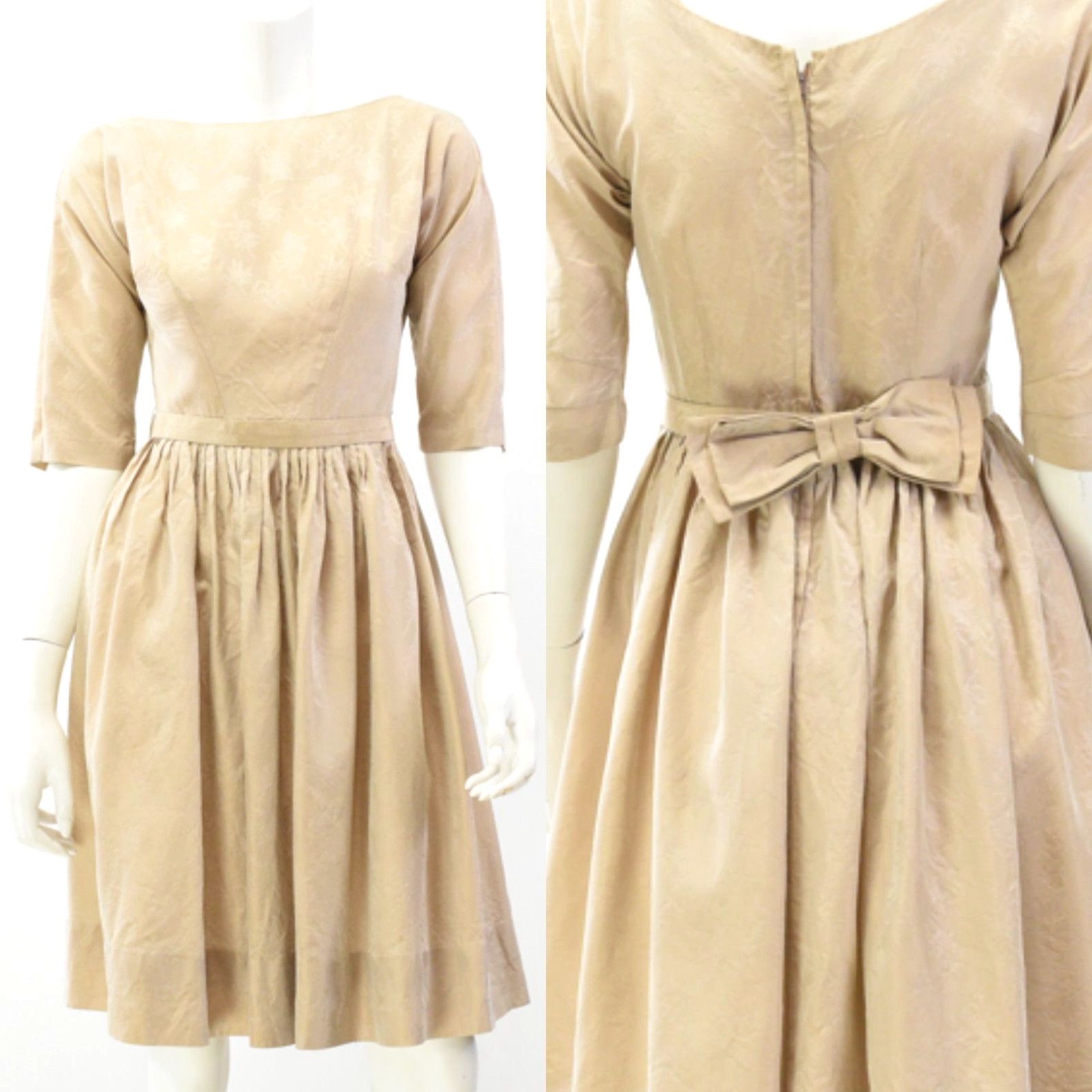 image of 50S Vintage Womens 2 Textured Beige Tea Dress 3/4 Sleeves Bow Details in White (Size 4xl)