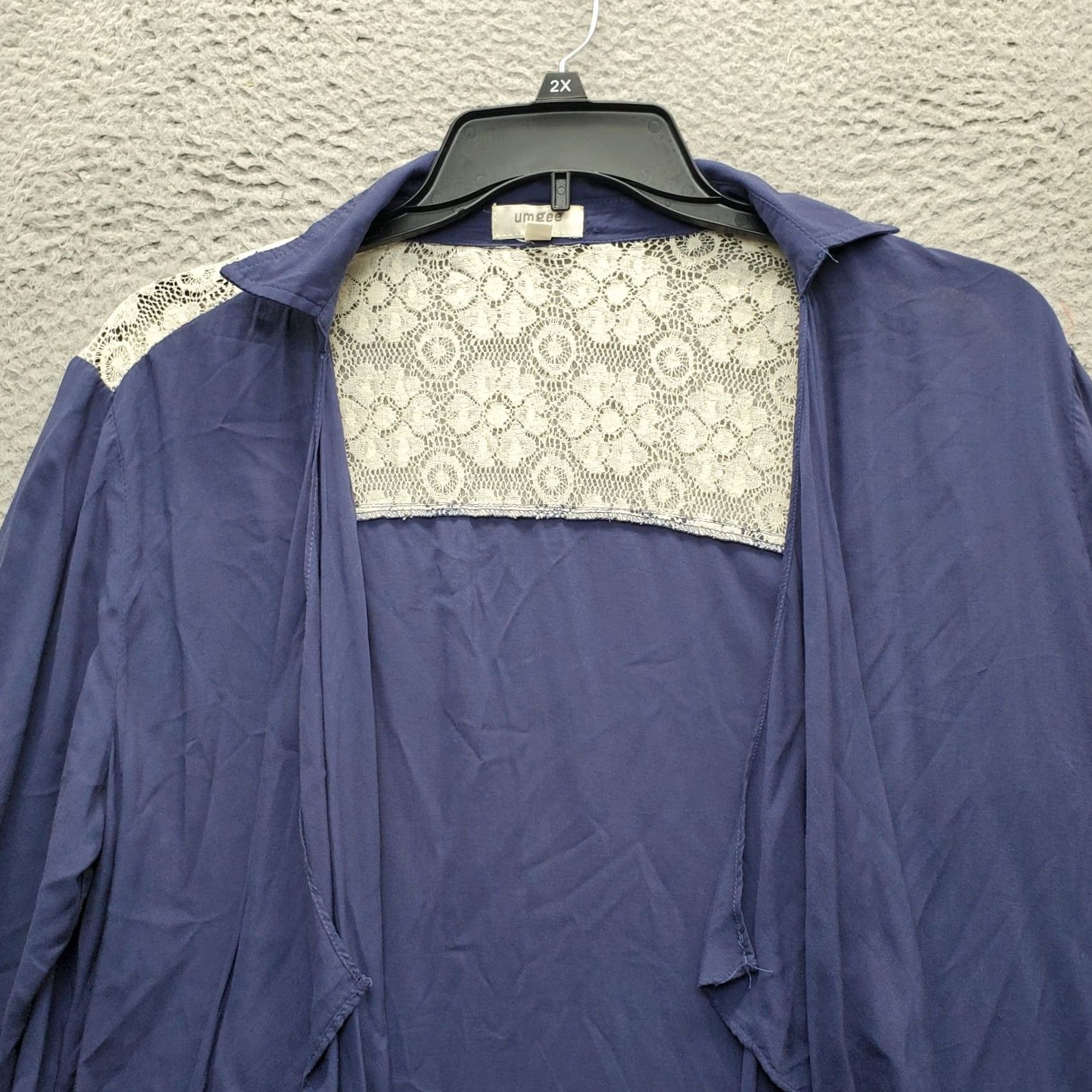 Vintage UMGEE Cardigan Women's L Navy Cotton Lace Back Roll Tab Sleeve Open Drape Front Size L / US 10 / IT 46 - 3 Thumbnail