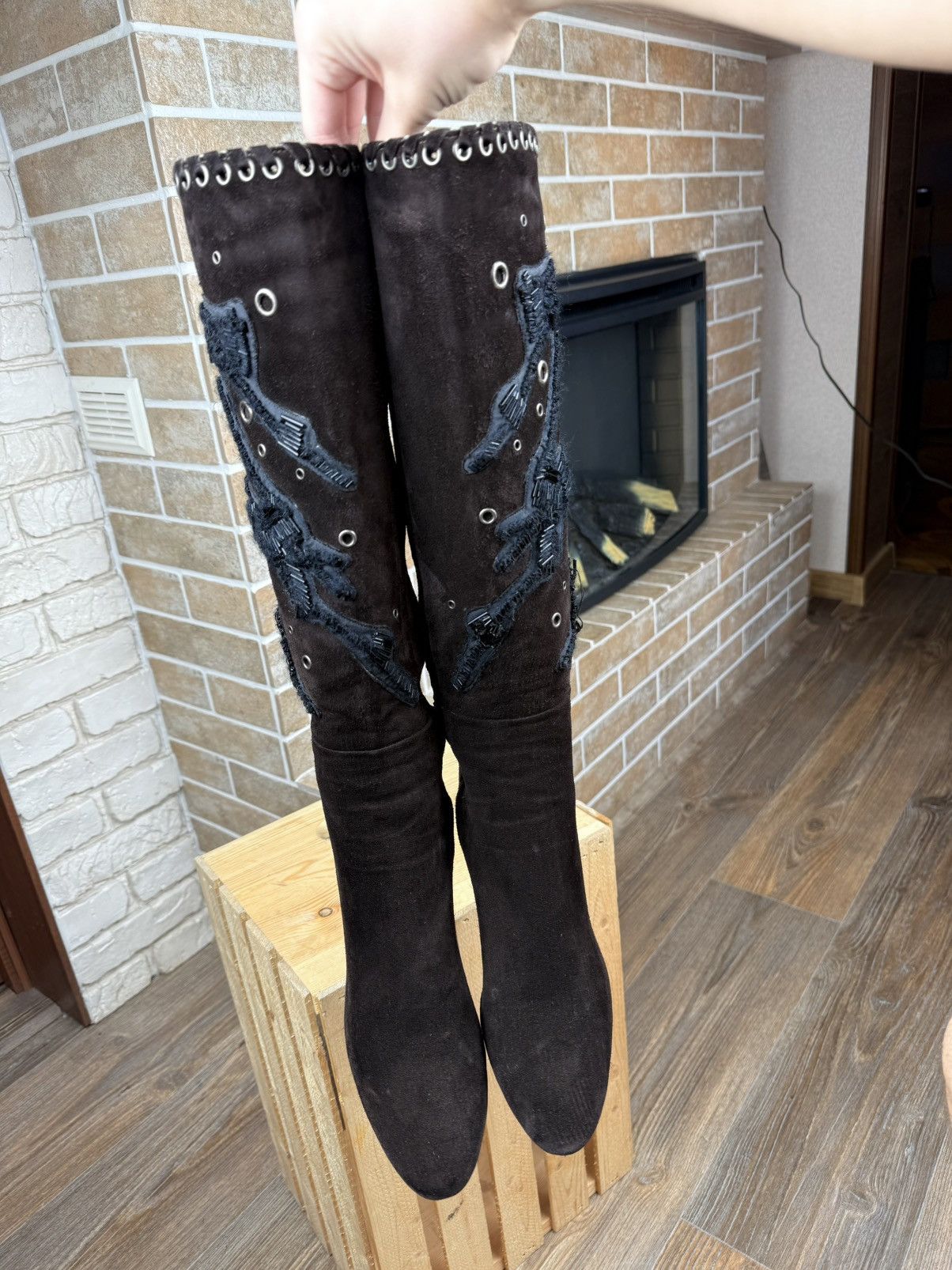 Prada × Vintage Prada Brown Suede Beads Knee High Heels Boots Size US 9 / IT 39 - 5 Thumbnail