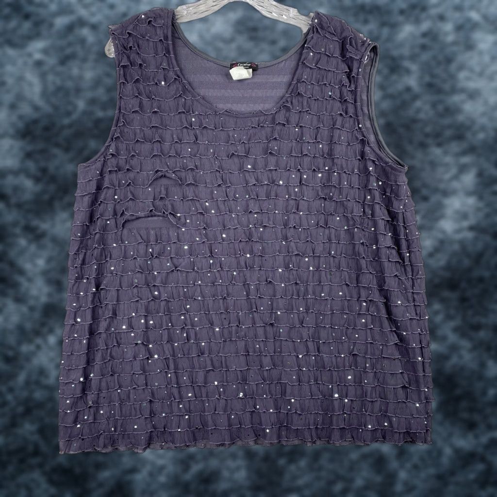 Vintage Cocomo Womens Top 2X Purple Y2K 90s Sequin Ruffle Vintage Whimsigoth Scoop Sleeveless Blouse Size XXL / US 16-18 / IT 52-54 - 1 Thumbnail