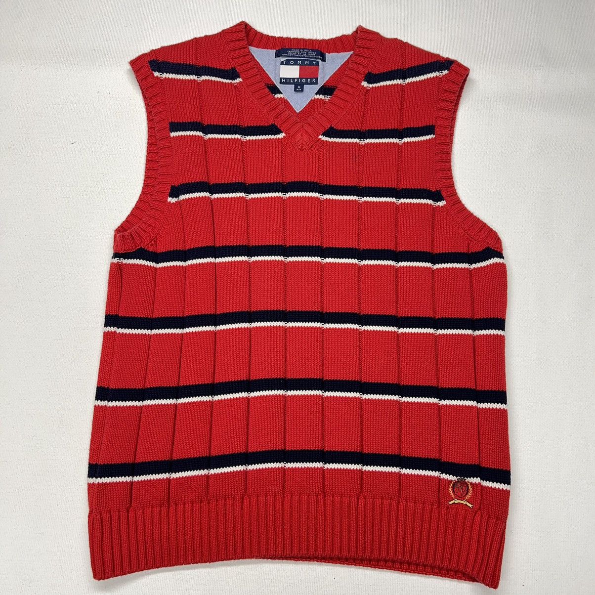 Tommy Hilfiger × Vintage VTG Tommy Hilfiger Sweater Vest Red Striped V-Neck Knit Size US M / EU 48-50 / 2 - 1 Thumbnail