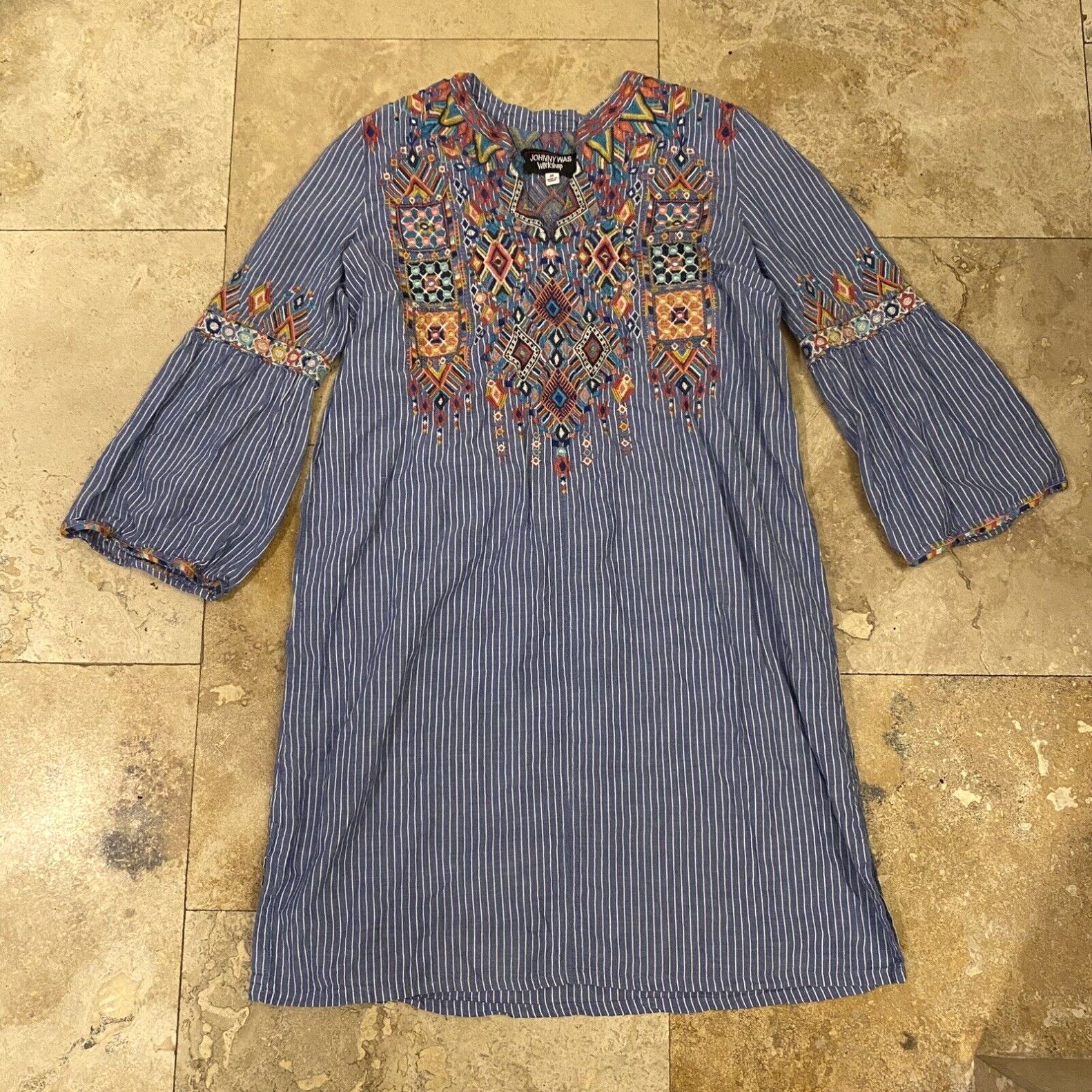 image of Johnny Was Dress Xs Shankara Flare Sleeve Tunic Embroidered Blue White Stripe C6, Women's