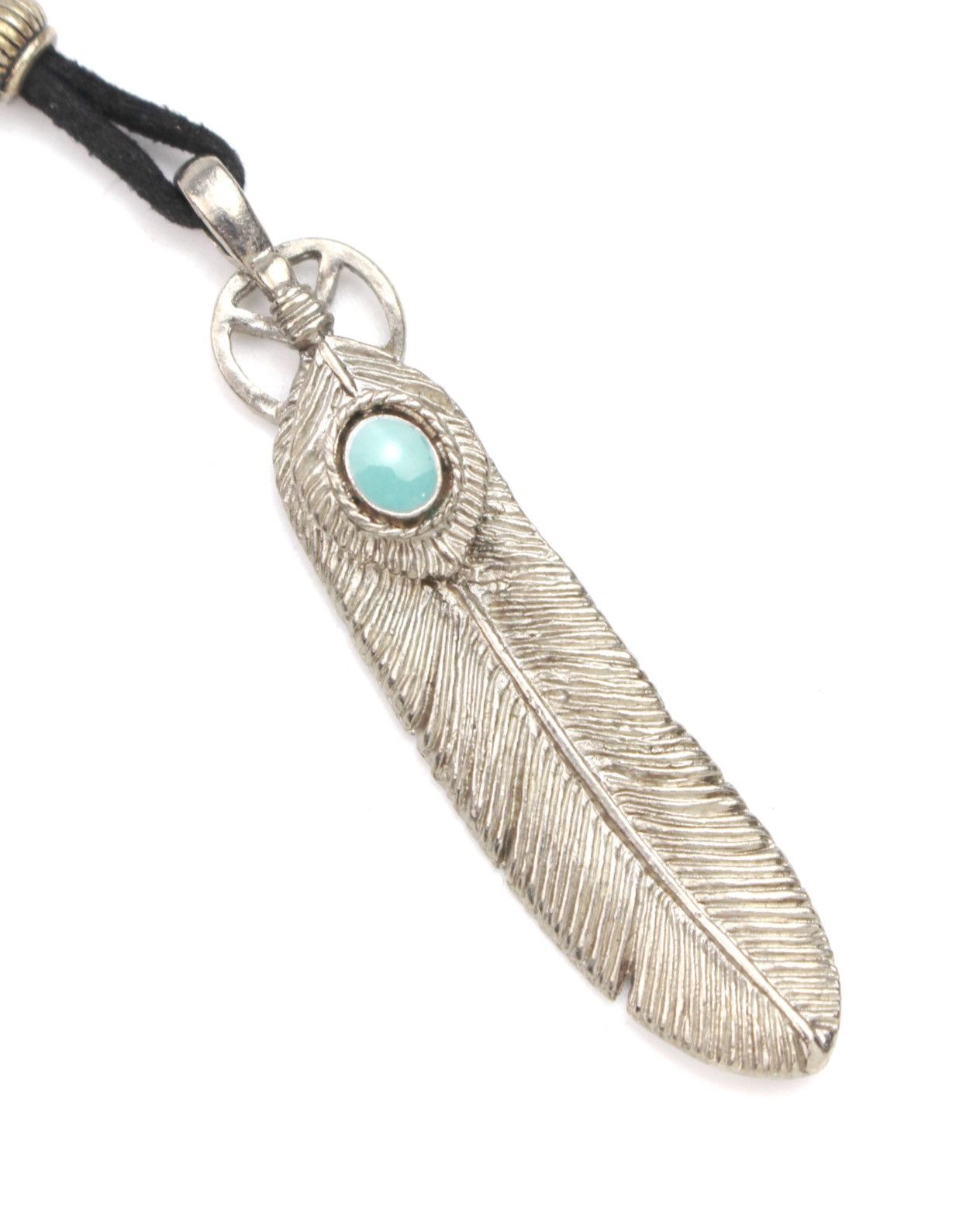 Vintage 2000S SILVER TONE FEATHER CHARM TURQUOISE CABOCHON NECKLACE Size ONE SIZE - 3 Thumbnail