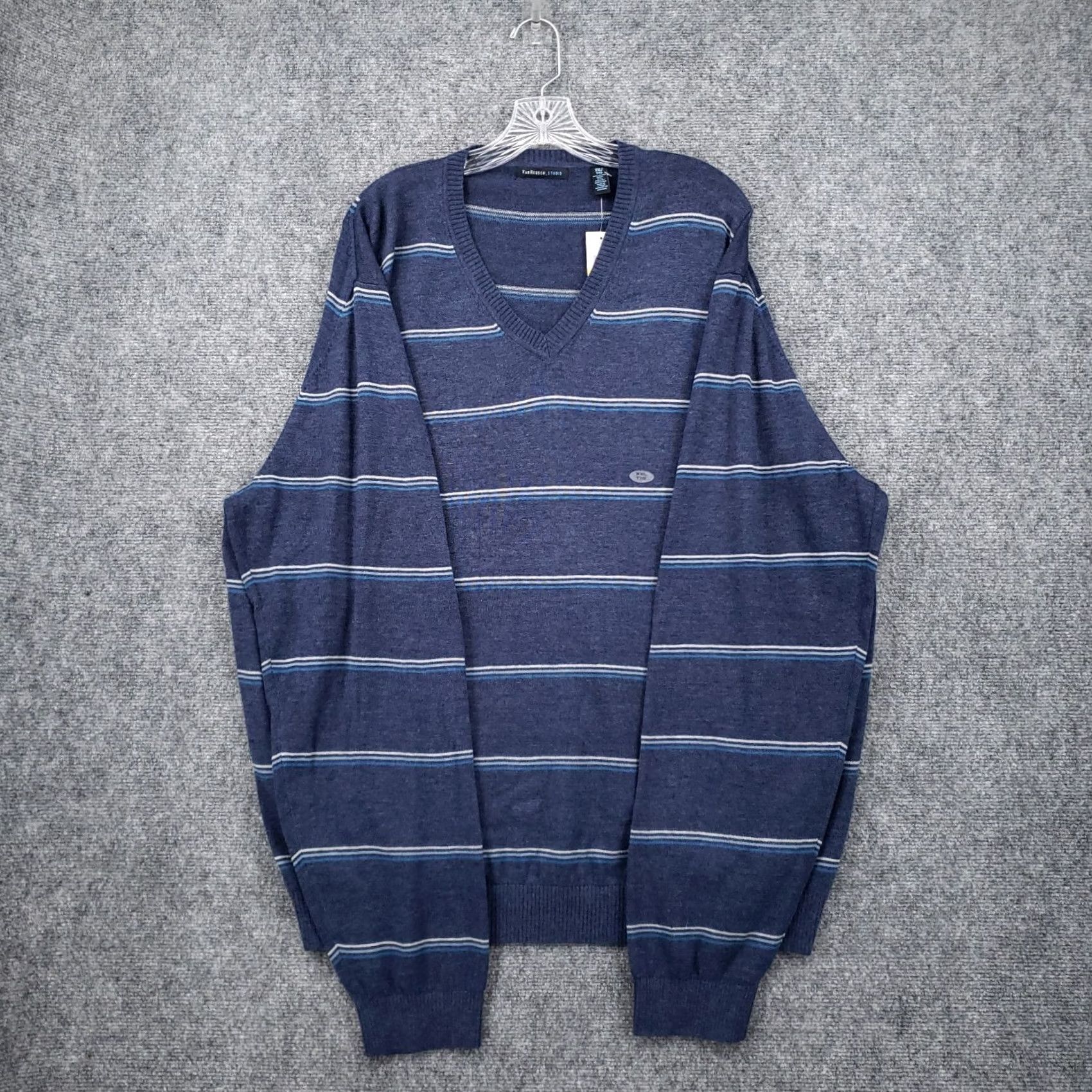 Van Heusen Van Heusen Sweater Mens 2XL Blue V-Neck Pullover Striped Knit Regular All Seasons Size US XXL / EU 58 / 5 - 2 Thumbnail