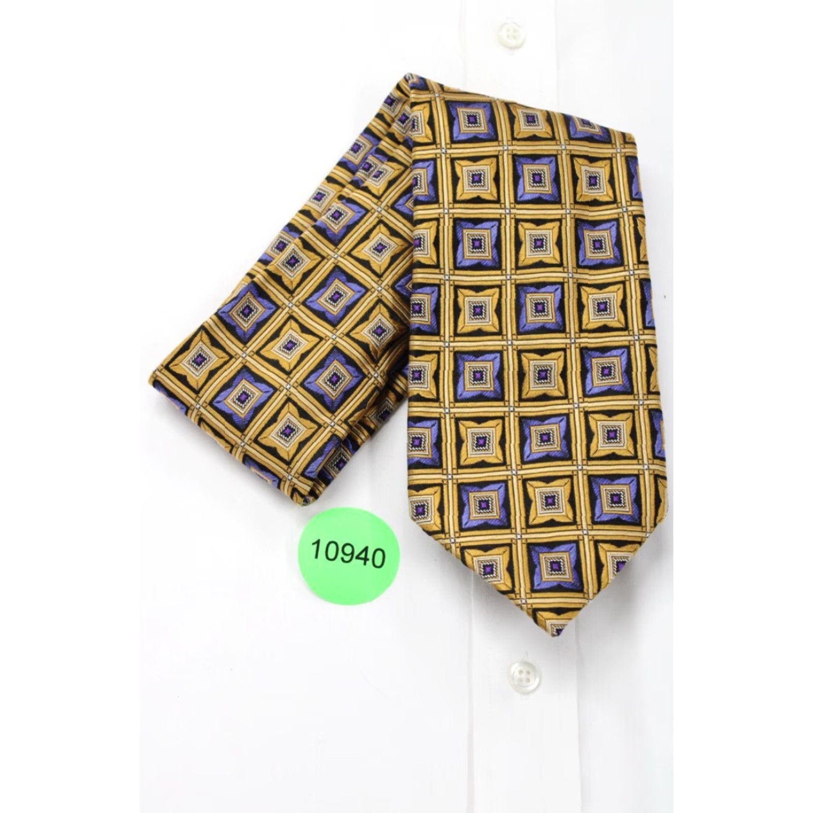 Vintage J Z Richards Silk Necktie Men's Yellow Gold Blue Squares Tie Handmade USA Size ONE SIZE - 6 Thumbnail