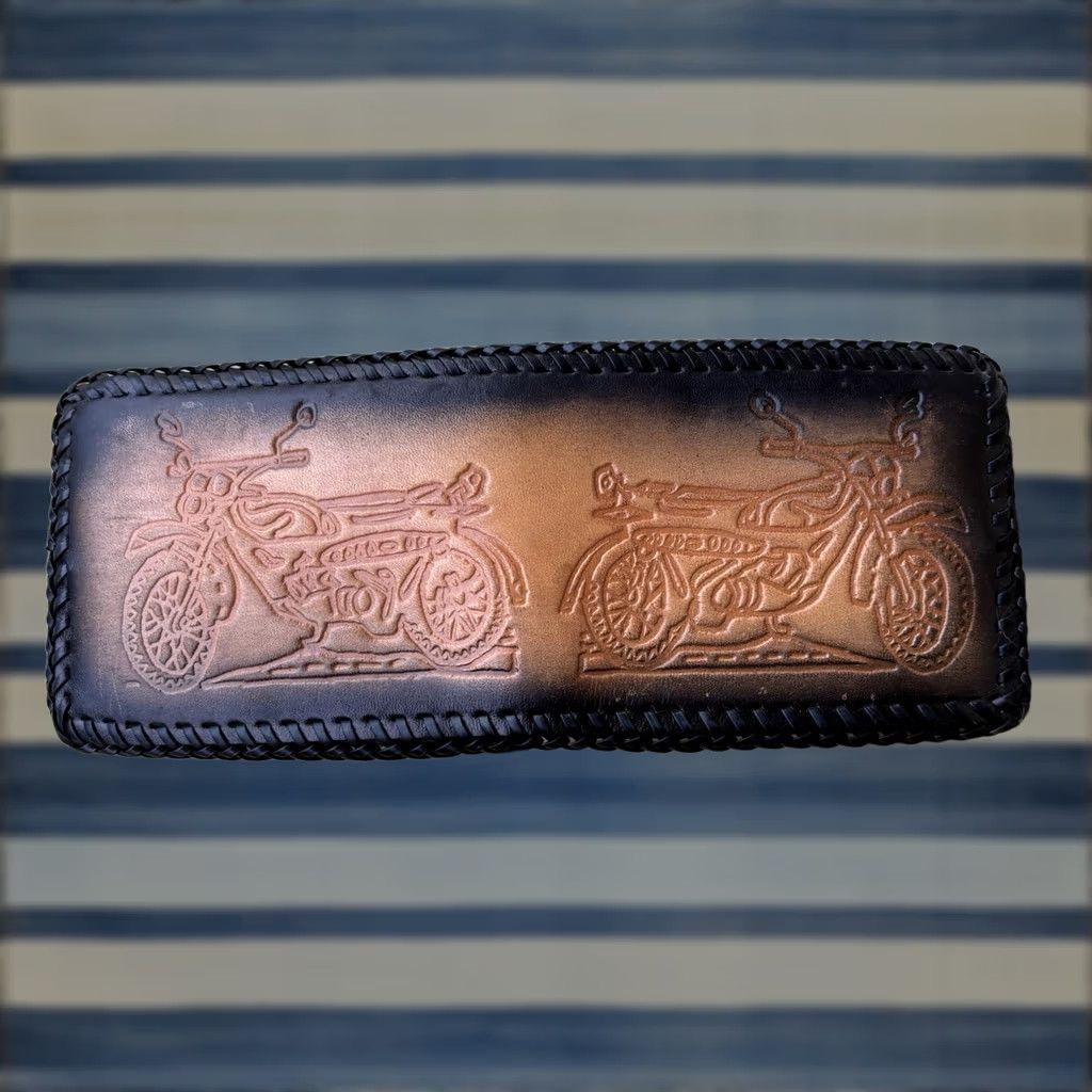 Vintage VINTAGE Leather Wallet Hand Tooled Bifold Motorcycle Scene Biker Whipstitch Brown Wallet Men Bi-fold Leather Size ONE SIZE - 1 Thumbnail