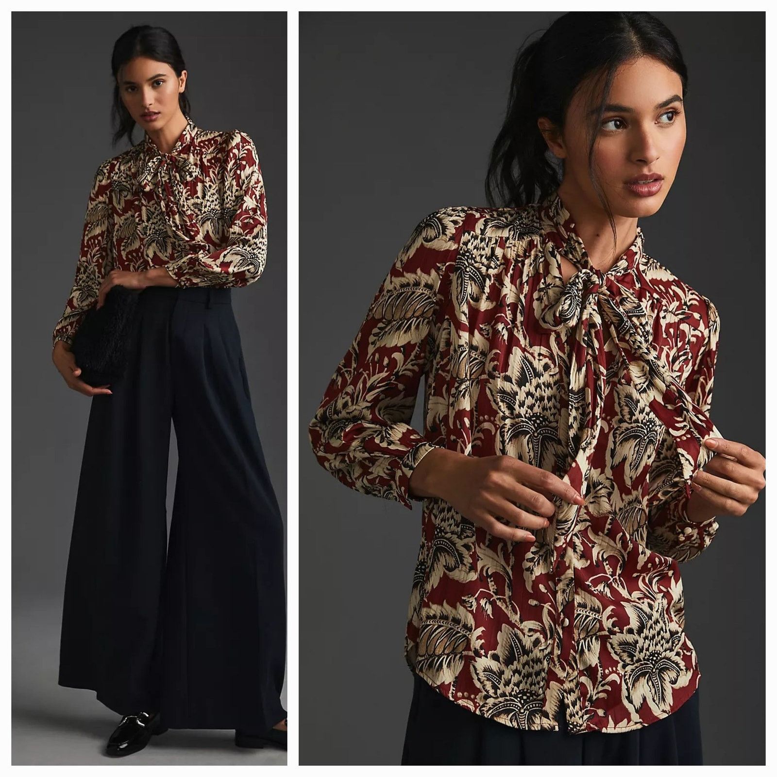 Anthropologie New By Anthropologie Tie-Neck Blouse $128 X-SMALL Brown Size XS / US 0-2 / IT 36-38 - 1 Thumbnail