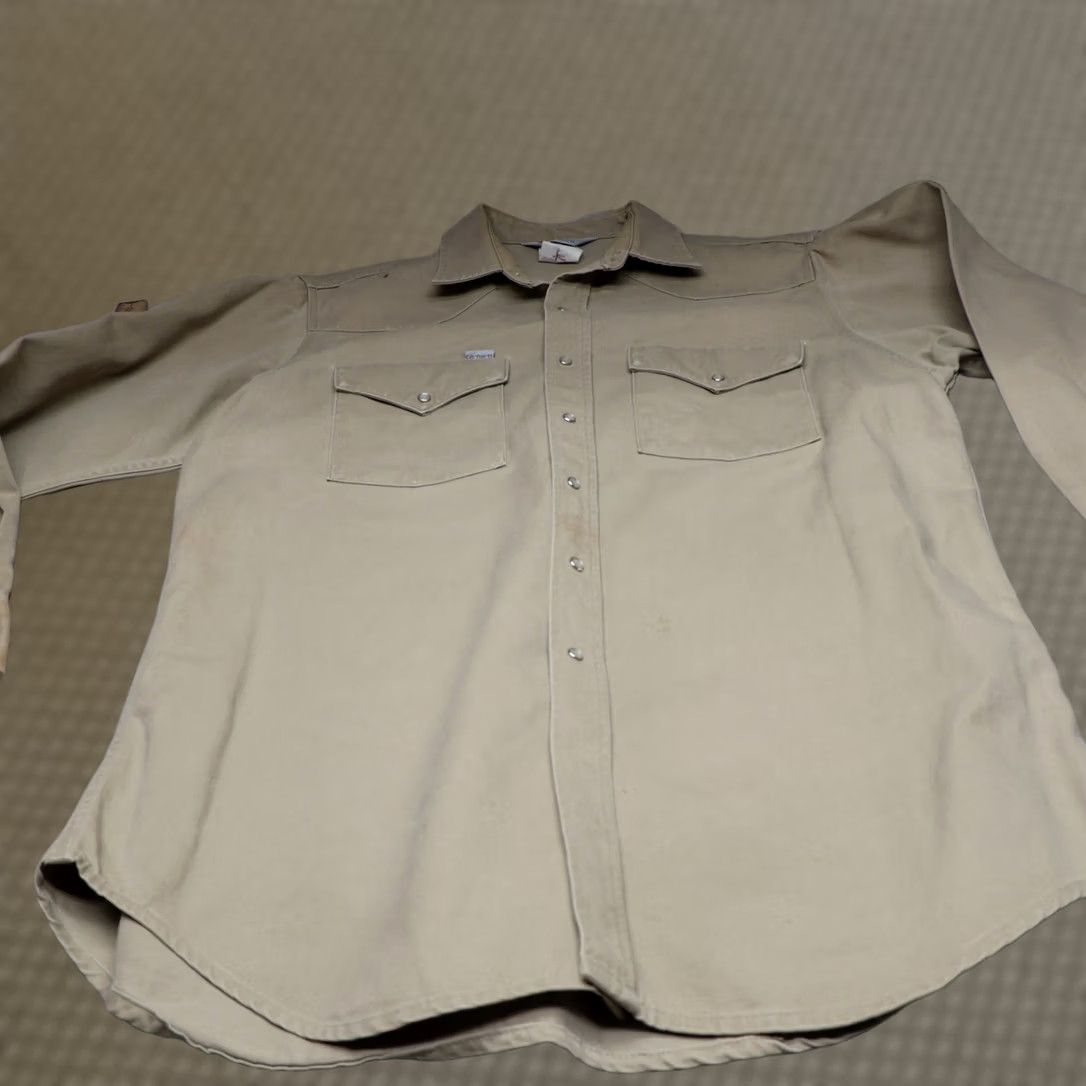 Carhartt Carhartt Shirt Mens XL 17.5 Cream Canvas Western Long Sleeve Rugged Snap Button-Up Twill Collar Pocket Casual Workwear Size US XL / EU 56 / 4 - 1 Thumbnail