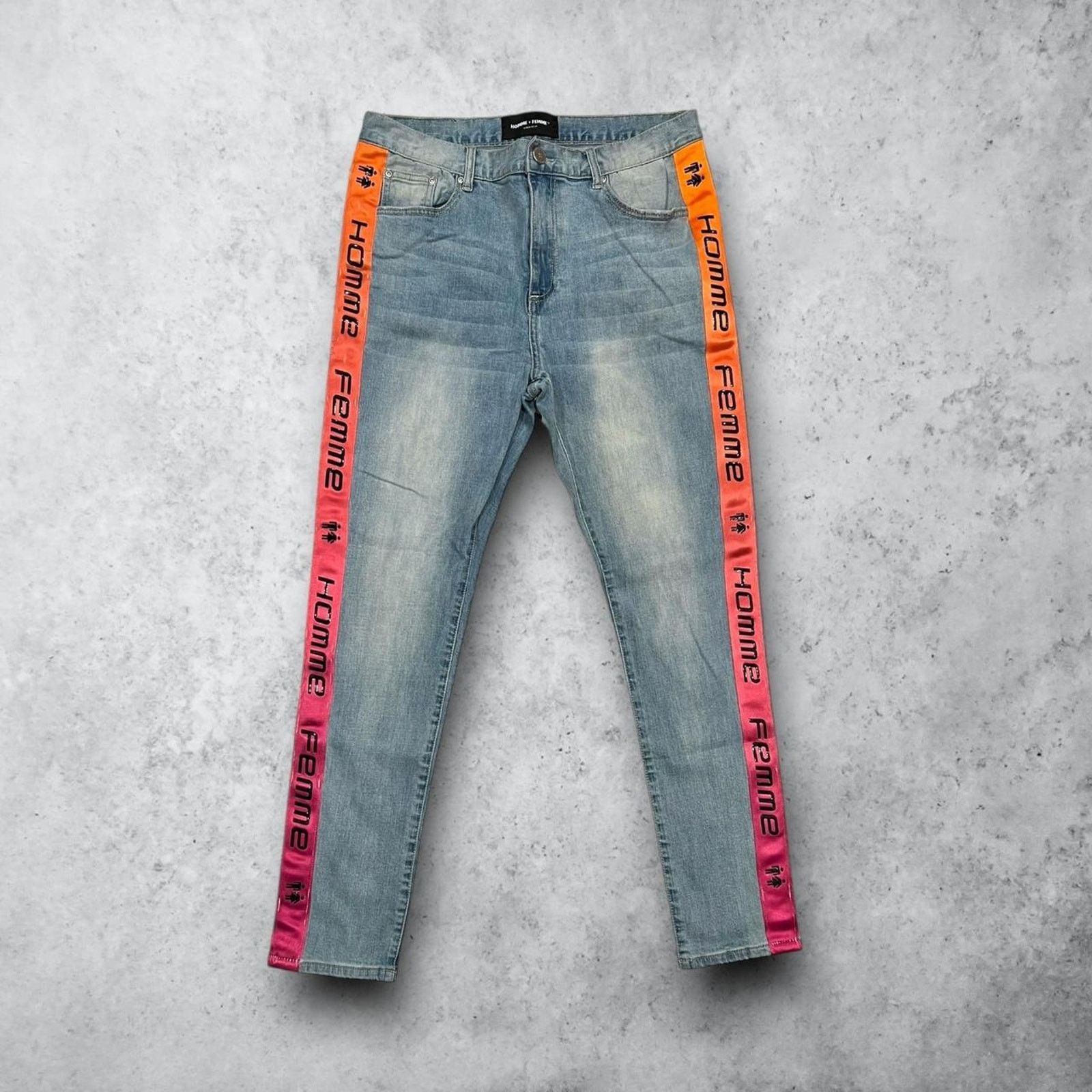 Homme + Femme La Homme + Femme Blue & Gradient Orange Skinny Jeans w/ Text Size US 36 / EU 52 - 1 Thumbnail