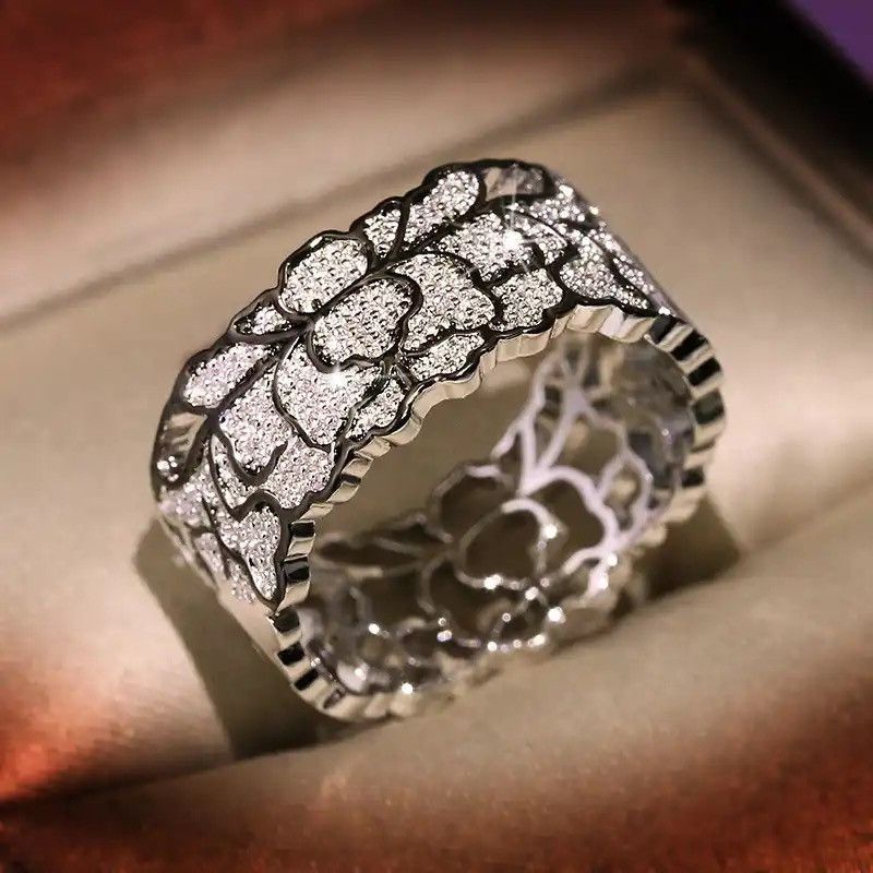 Designer × Jewelry × Sterling Silver 925 Silver Jewelry Unique Design Hollow Lace Pattern Ring Size ONE SIZE - 1 Thumbnail