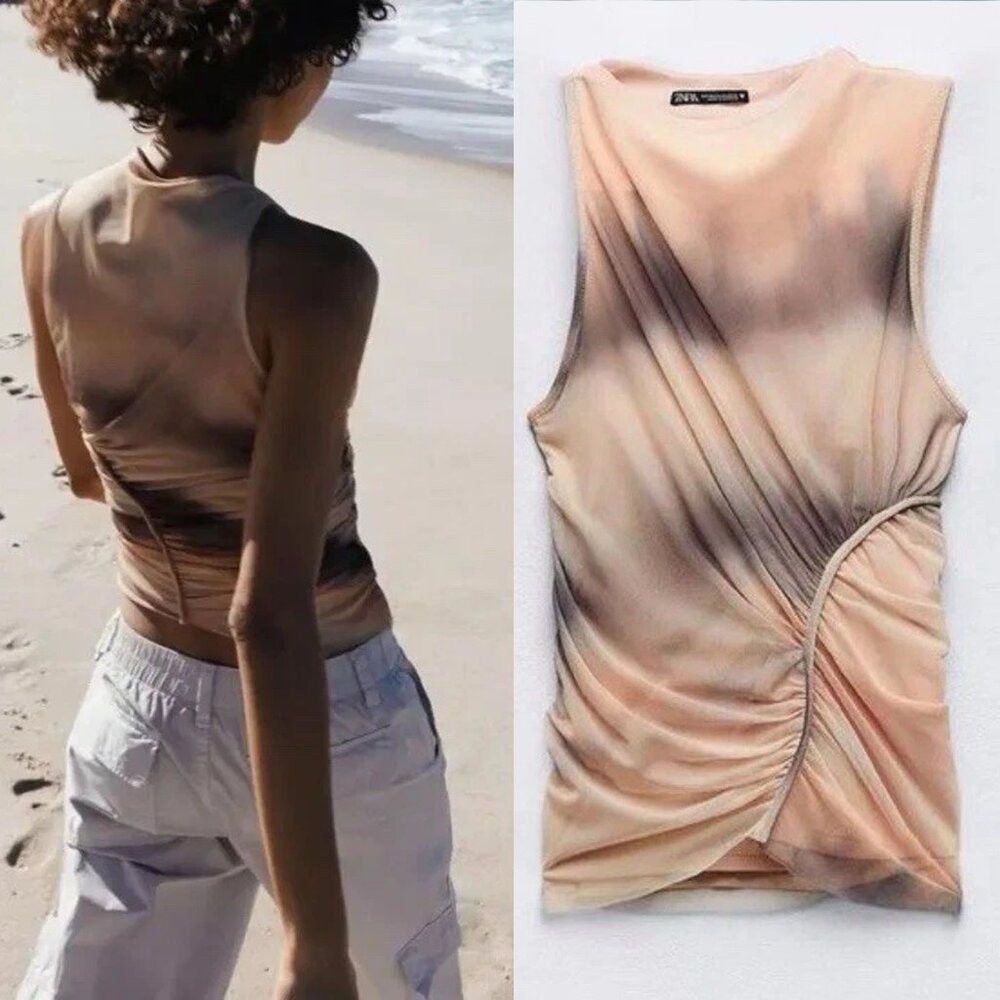 Zara New ZARA Sleeveless Asymmetrical Ruched Mesh Top Size XS Size XS / US 0-2 / IT 36-38 - 2 Thumbnail