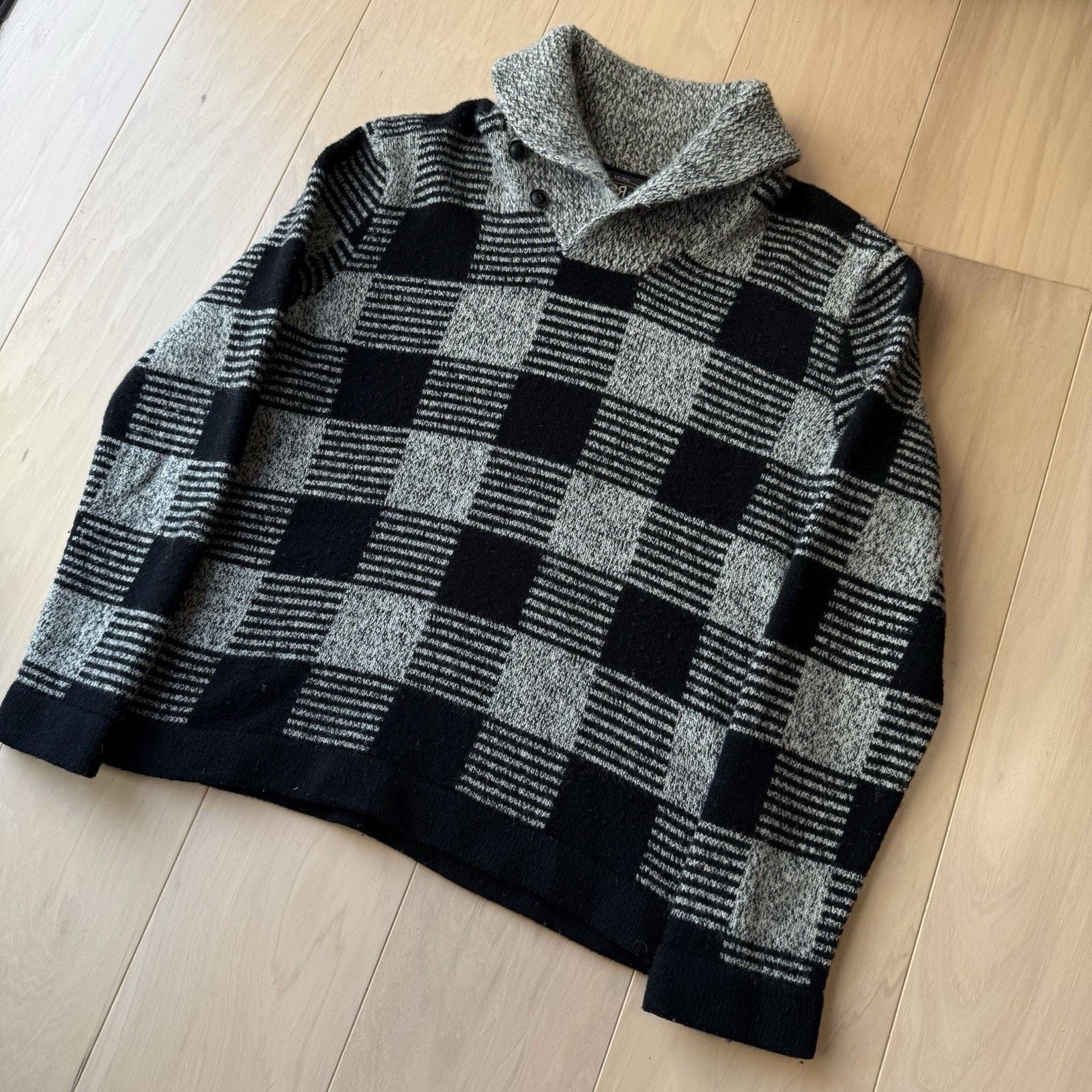 RRL Ralph Lauren RRL Wool Sweater Large Gray Black Check Knit Shawl Collar Size US L / EU 52-54 / 3 - 9 Thumbnail
