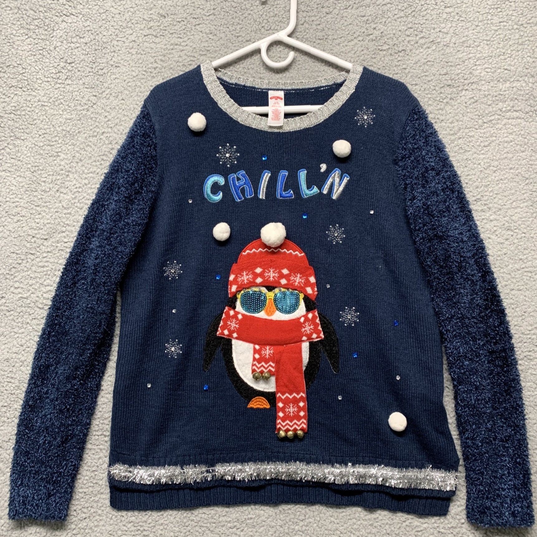 Vintage Holiday Time Women's Large Blue CHILL'N Embellished Warm Winter Sweater - Crew Neck, Long Sleeve, Knit, Pullover, 12-14, Regular, Vintage: No, Hoodie? Size L / US 10 / IT 46 - 2 Thumbnail