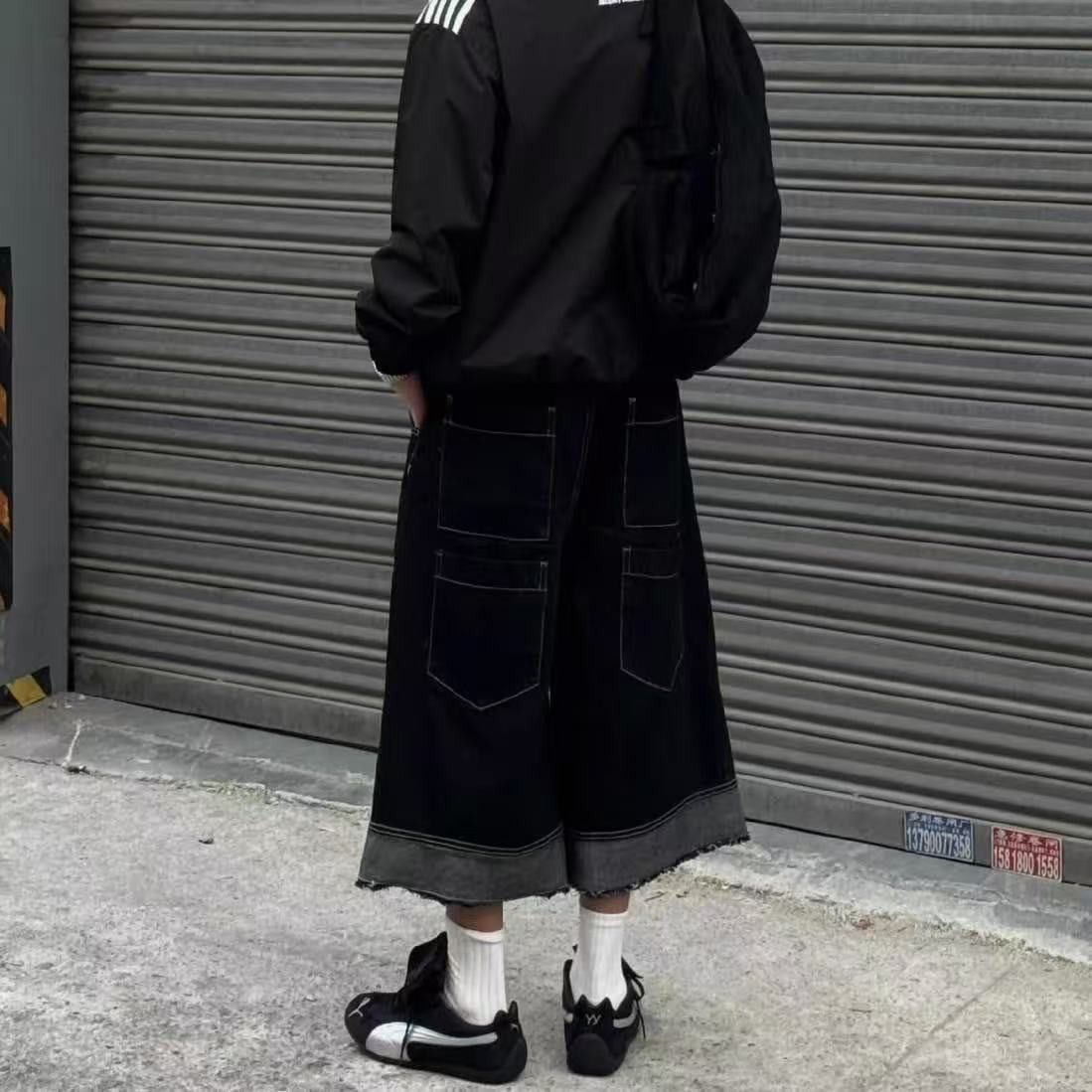 Japanese Brand Retro Black Multi-pocket Exposed Raw Edge Cropped Jeans Size US 32 / EU 48 - 2 Thumbnail
